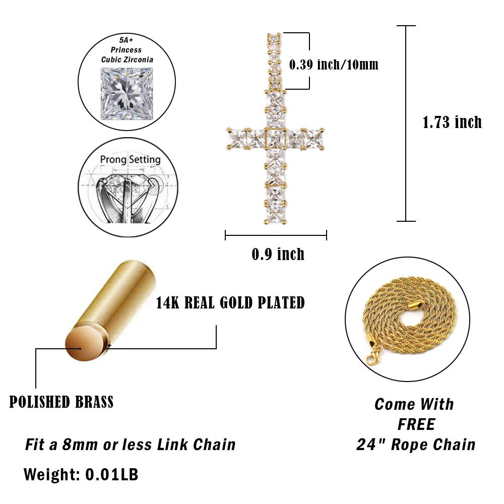 TOPGRILLZ 14K Gold Plated Cross Pendant Necklace for Men & Women - Iced Out Cubic Zirconia Diamond Chain, 24 Inch Stainless Steel Gold Jewelry - Perfect for Gifts, Parties, and Everyday Wear