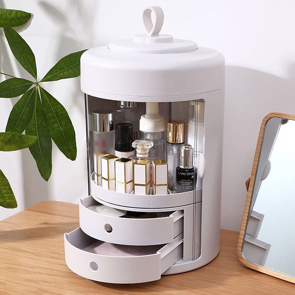 360° Rotating Makeup Organizer with Drawer - Large Capacity Cosmetic Display Case & Storage Solution for Vanity, Salon, and Travel Use