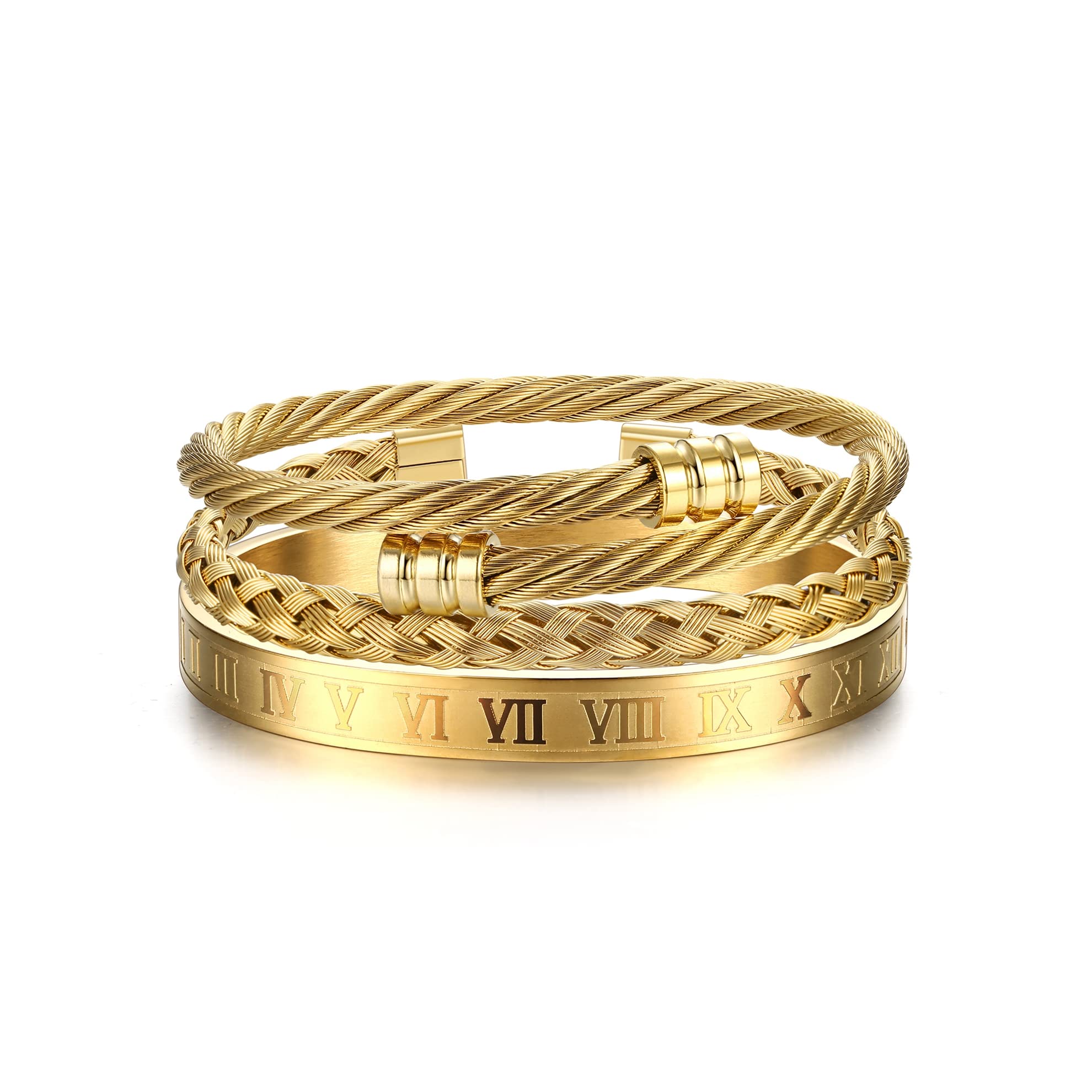 YADOCA 3Pcs Stainless Steel Bracelets for Men - Roman Numeral, Adjustable Cuff & Twisted Cable Bracelet Set in Gold/Silver/Black | Luxury Jewelry Gifts for Him | Perfect for Weddings, Anniversaries & Everyday Wear