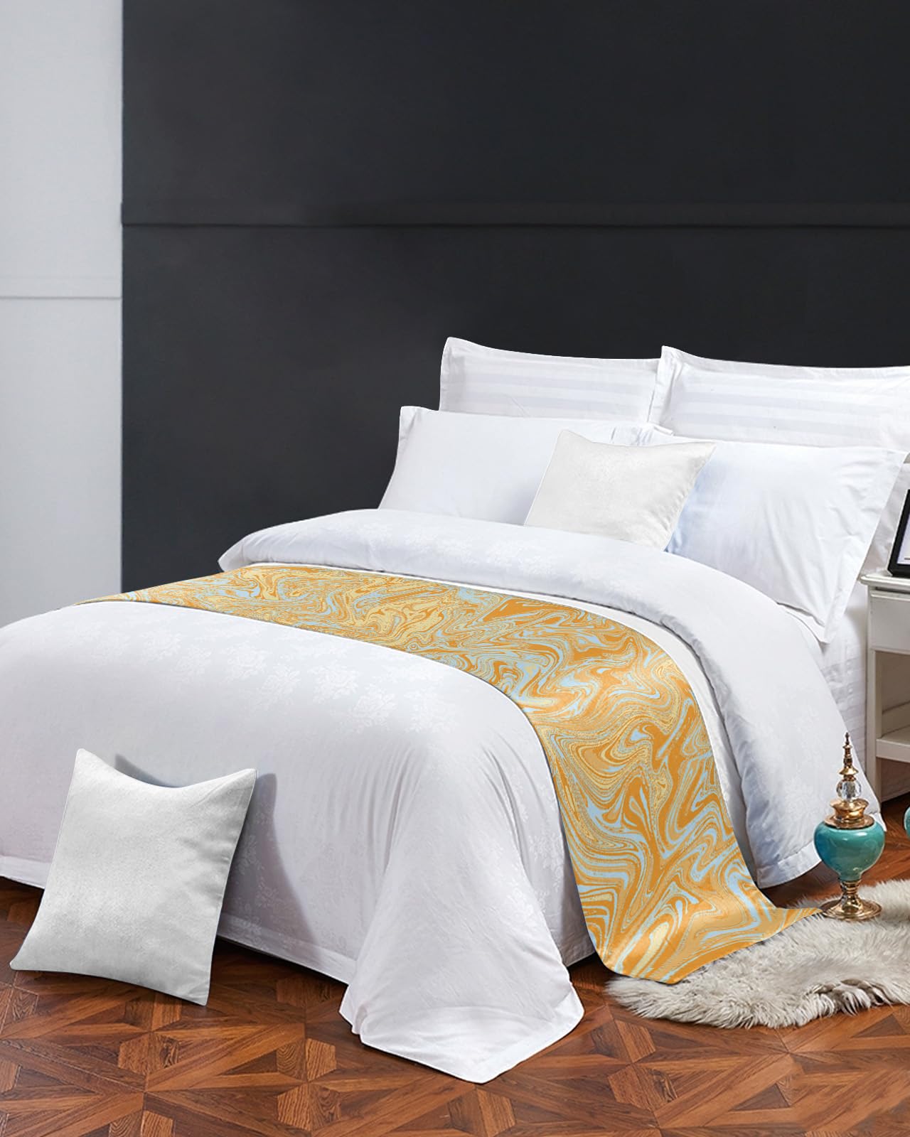 Luxury Yellow Teal Bed Runner for Queen Size Bed - Modern Irregular Geometric Abstract Art Bed Scarf Throw (83 x 20 Inch) | Elegant Foot of Bed Cover for Home & Hotel Decor | Perfect for Bedroom Styling & Protecting Mattress