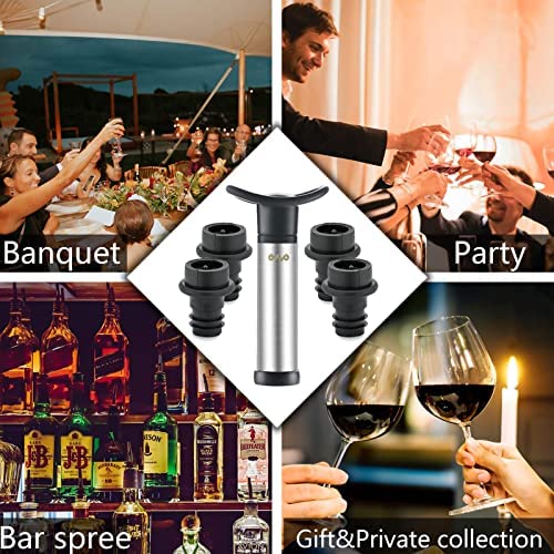 Premium OWO Wine Vacuum Pump with 4 Stoppers - Stainless Steel Wine Saver & Preserver Kit - Reusable Air Remover Pump for Freshness - Perfect for Red, White & Sparkling Wine Preservation at Home or Parties
