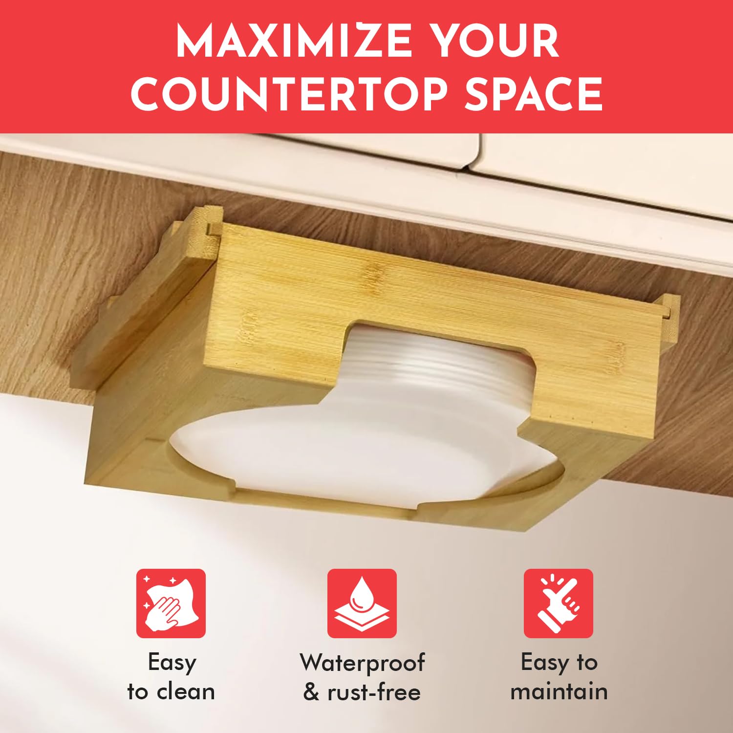 Bamboo Paper Plate Dispenser Under Cabinet – 10-Inch Space Saving Plate Organizer for Kitchen, RV & Camping – Universal Fit for 10