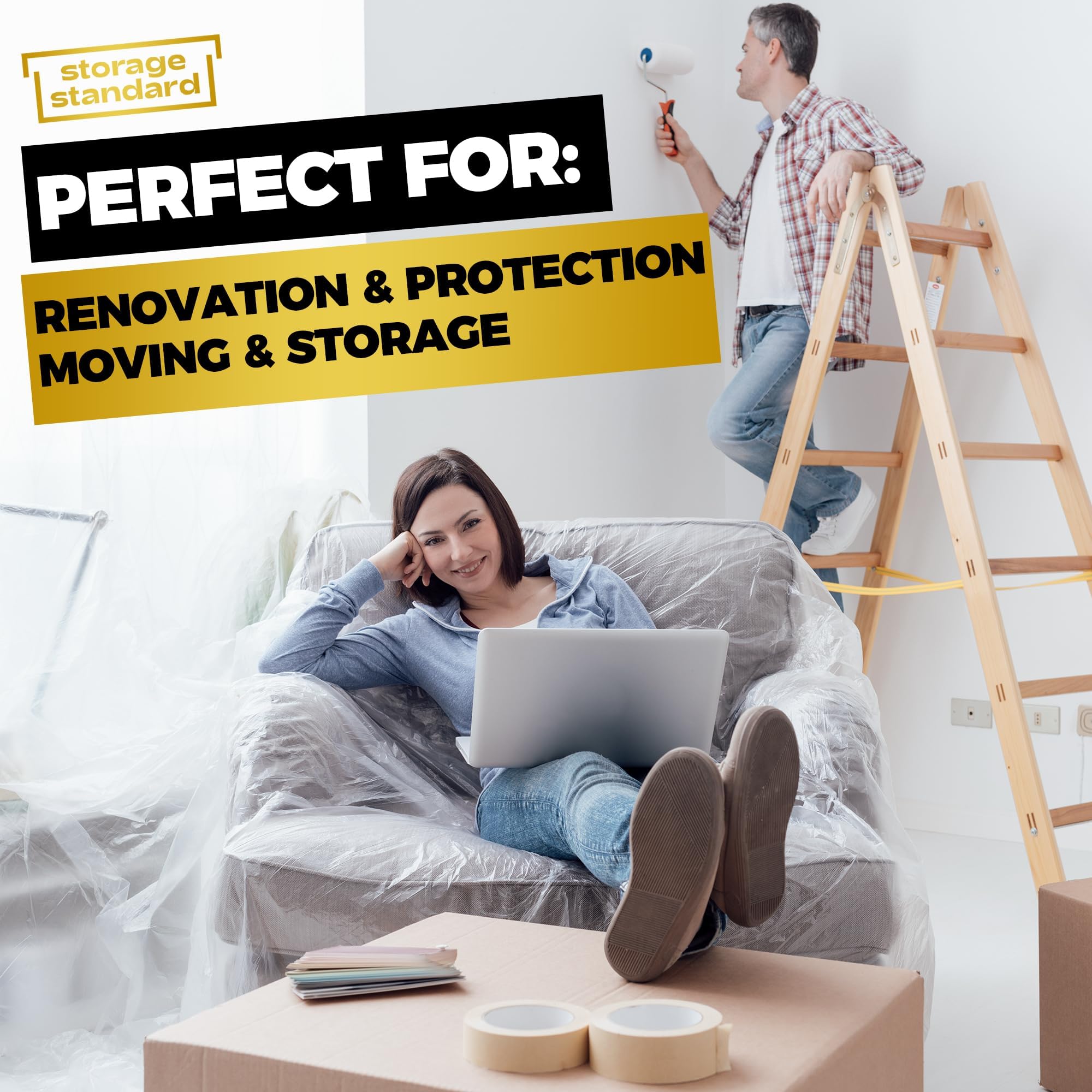 Heavy-Duty Plastic Furniture Covers - Waterproof Chair Protectors for Moving & Storage (64x42x34in) - Perfect for Armchairs & Recliners