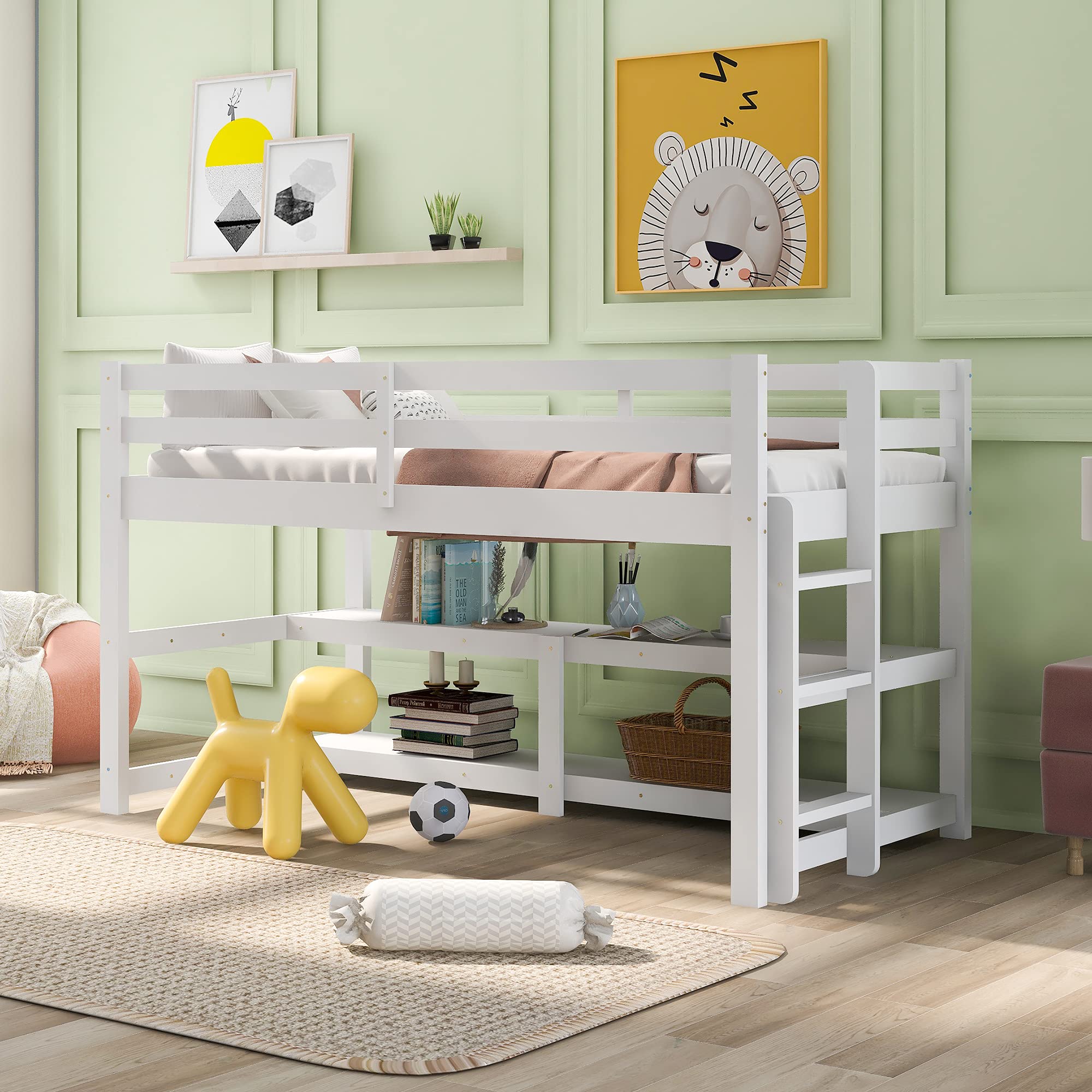 **LZ LEISURE ZONE Twin Size Wood Loft Bed with Shelves – Sturdy Low Loft Bed Frame for Kids & Teens – No Box Spring Needed – Perfect for Small Spaces & Dorm Rooms (White, Twin Loft)**