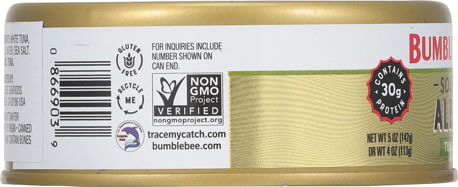 Premium Wild Caught Bumble Bee Prime Solid White Albacore Tuna in Olive Oil - 5 oz Can, 30g Protein per Serving, Non-GMO, Gluten Free, Kosher - Perfect for Salads, Sandwiches & Keto Meals