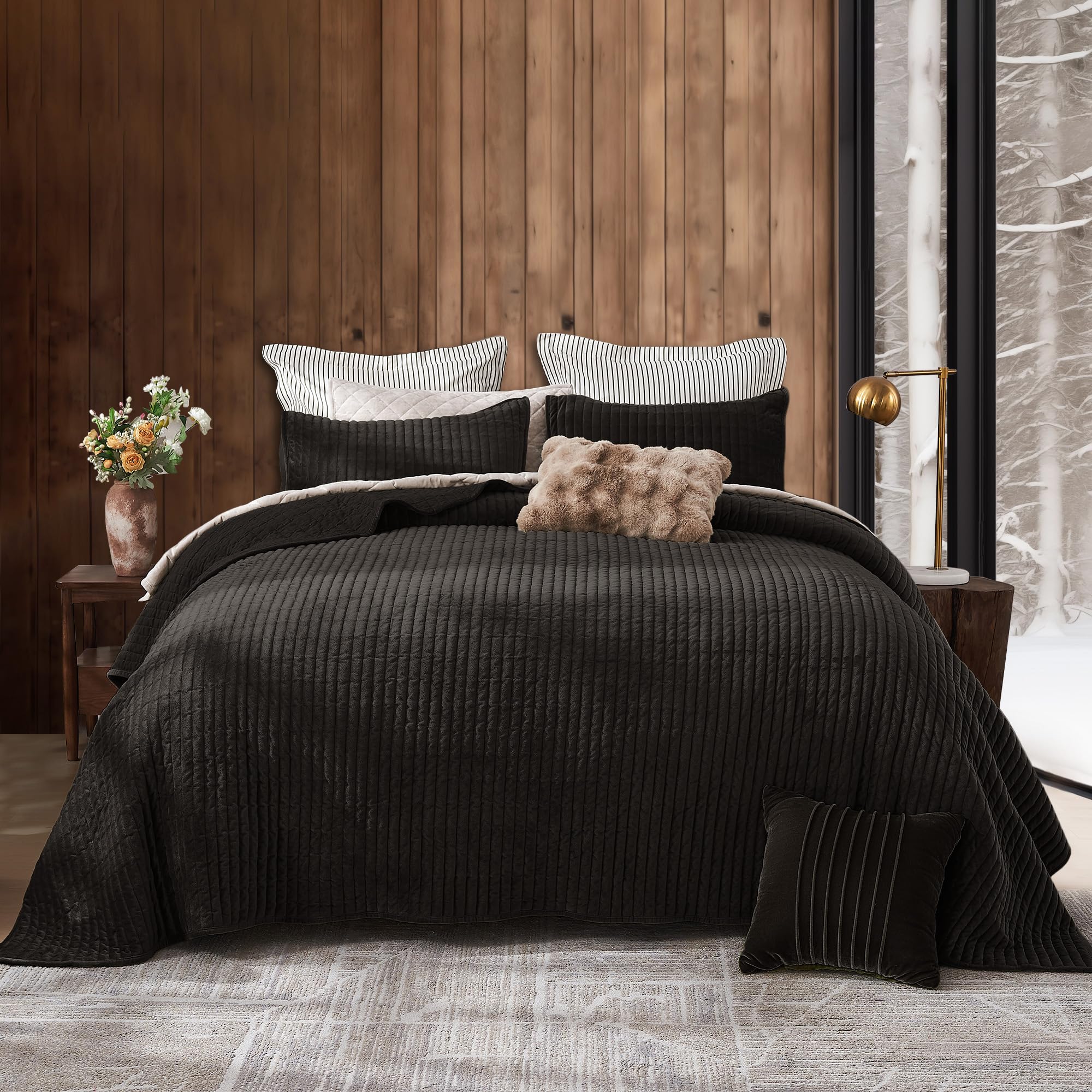 SHALALA Velvet Quilt King Size - Vertical Striped Bedding Set with Lightweight Velvet Comforter | Luxurious & Cozy Microfiber Bedspread Coverlet in Dark Brown | Perfect for Master Bedroom, Guest Room & Winter Warmth