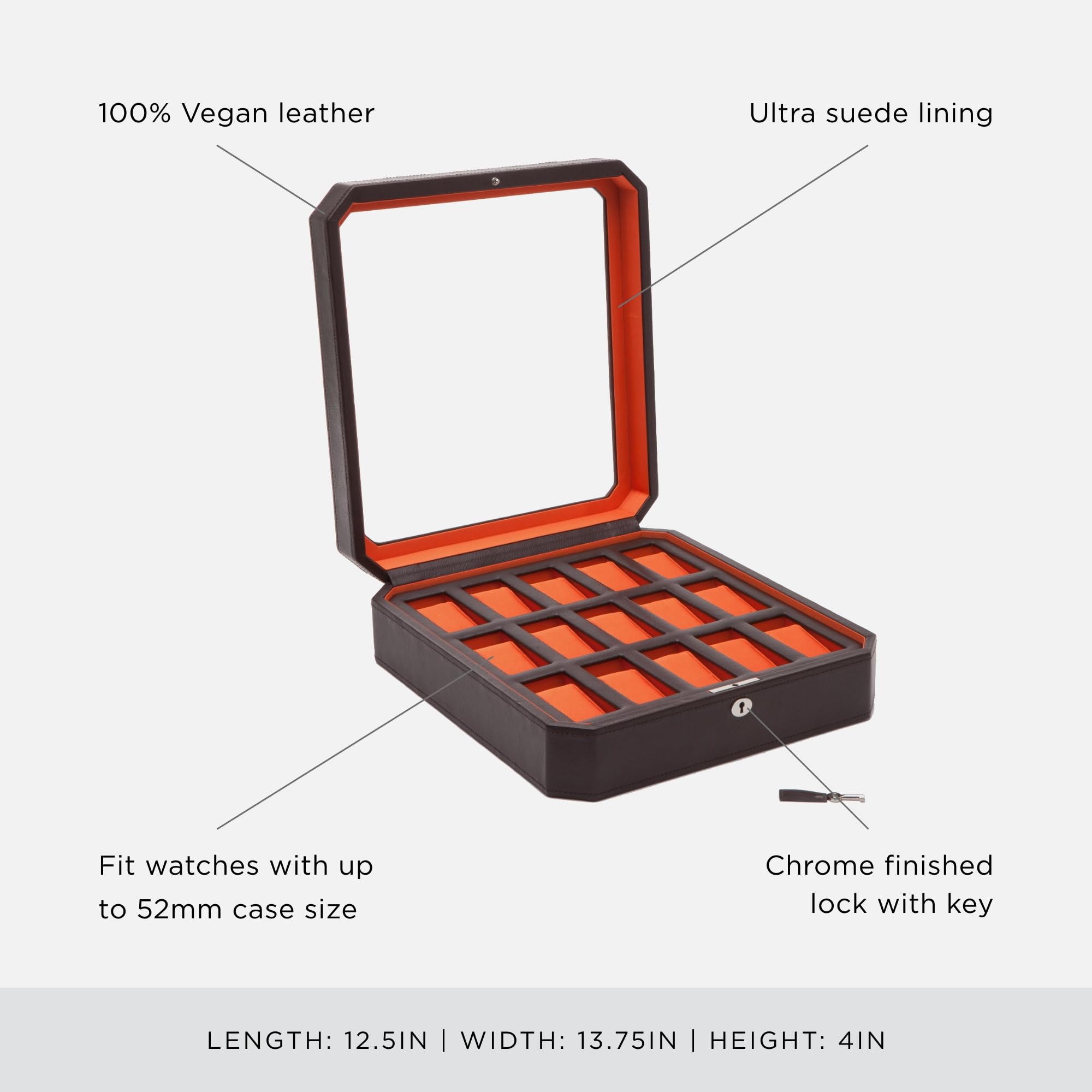 Premium WOLF Windsor 15-Piece Watch Box with Vegan Leather Exterior - 15 Watch Storage Compartments in Elegant Brown/Orange - Perfect for Watch Collectors & Jewelry Organization at Home or Office