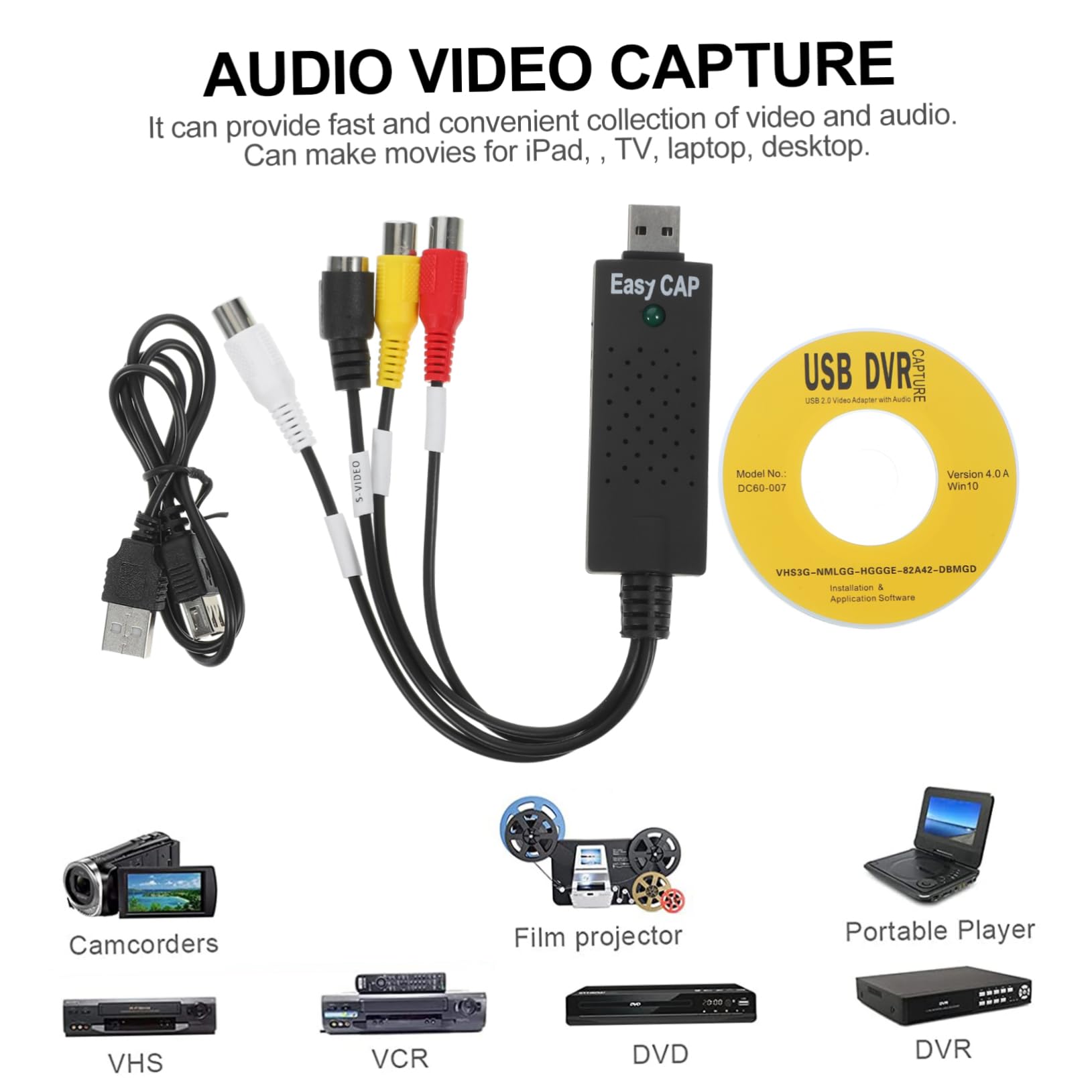 USB 2.0 Video Capture Card - Portable Audio/Video Converter for Live Streaming & Gaming