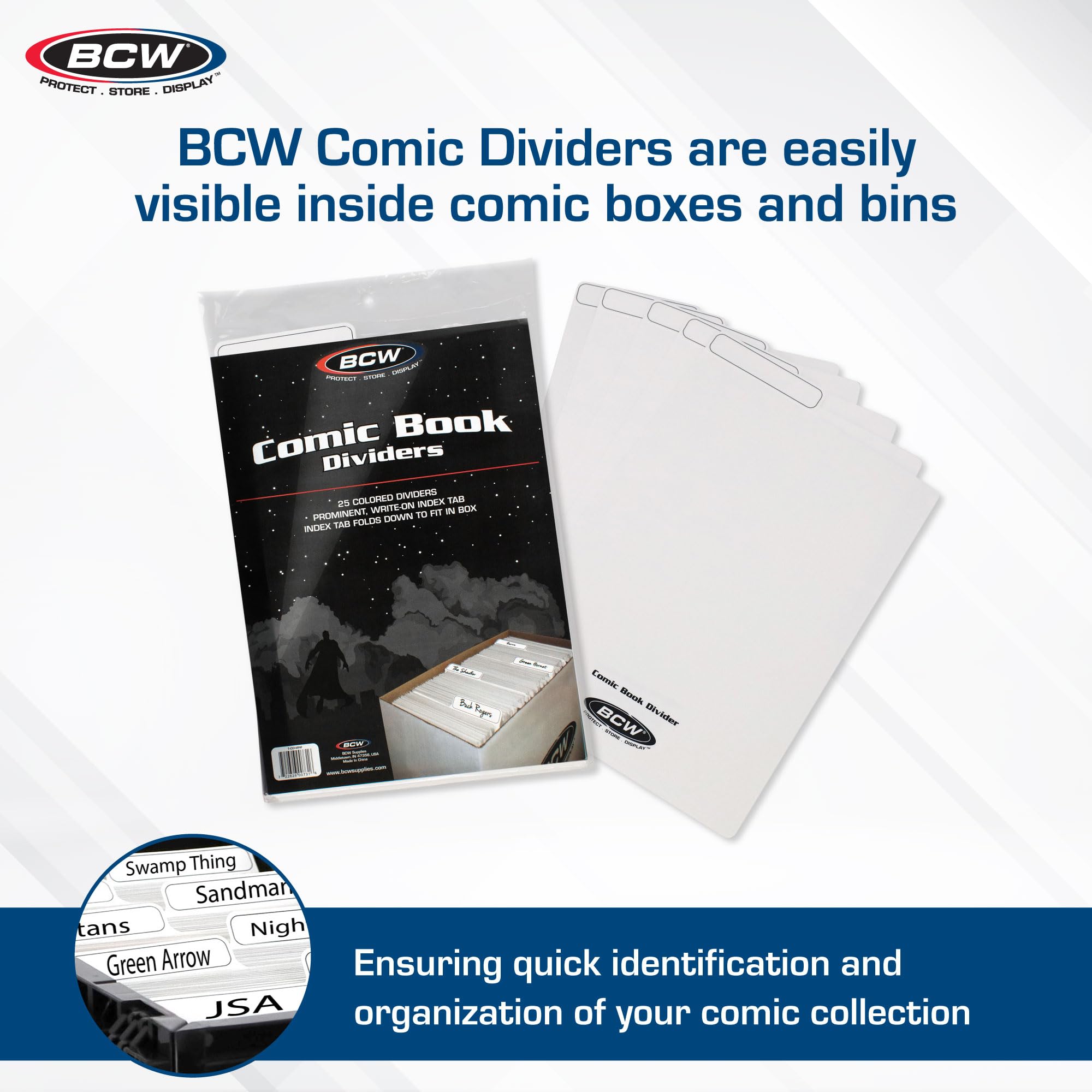 BCW Comic Dividers - 25 Pack | Archival Safe Polyethylene Plastic Dividers for Comic Book Storage | Organize & Protect Comics in Storage Boxes | Write-On Index Tabs (White) | Perfect for Collectors & Comic Book Organization