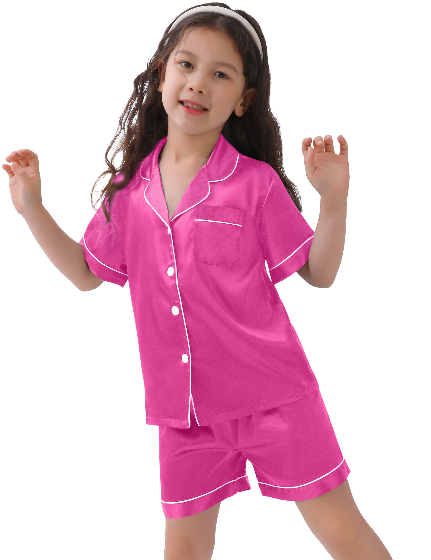 SWOMOG Kids Satin Pajama Set for Girls & Boys - Soft Button-Down Silk Pjs with Short Sleeves, 2-Piece Nightwear & Lounge Outfit - Perfect for Sleepovers, Bedtime & Relaxing at Home