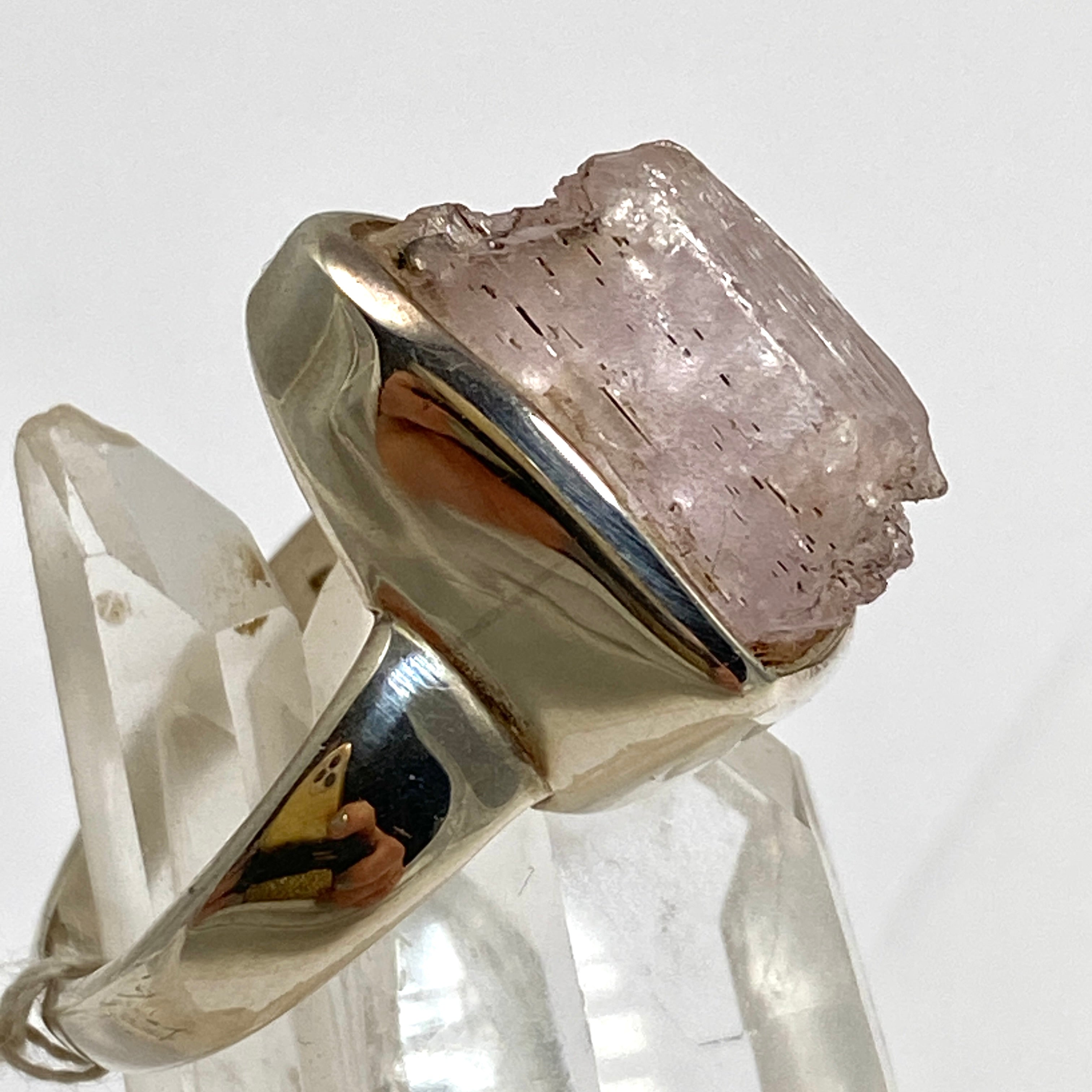 Natural Kunzite Raw Crystal Ring - Size 9 - Handmade Spiritual Jewelry - PRGJ195a - Perfect for Meditation, Energy Healing & Boho Fashion