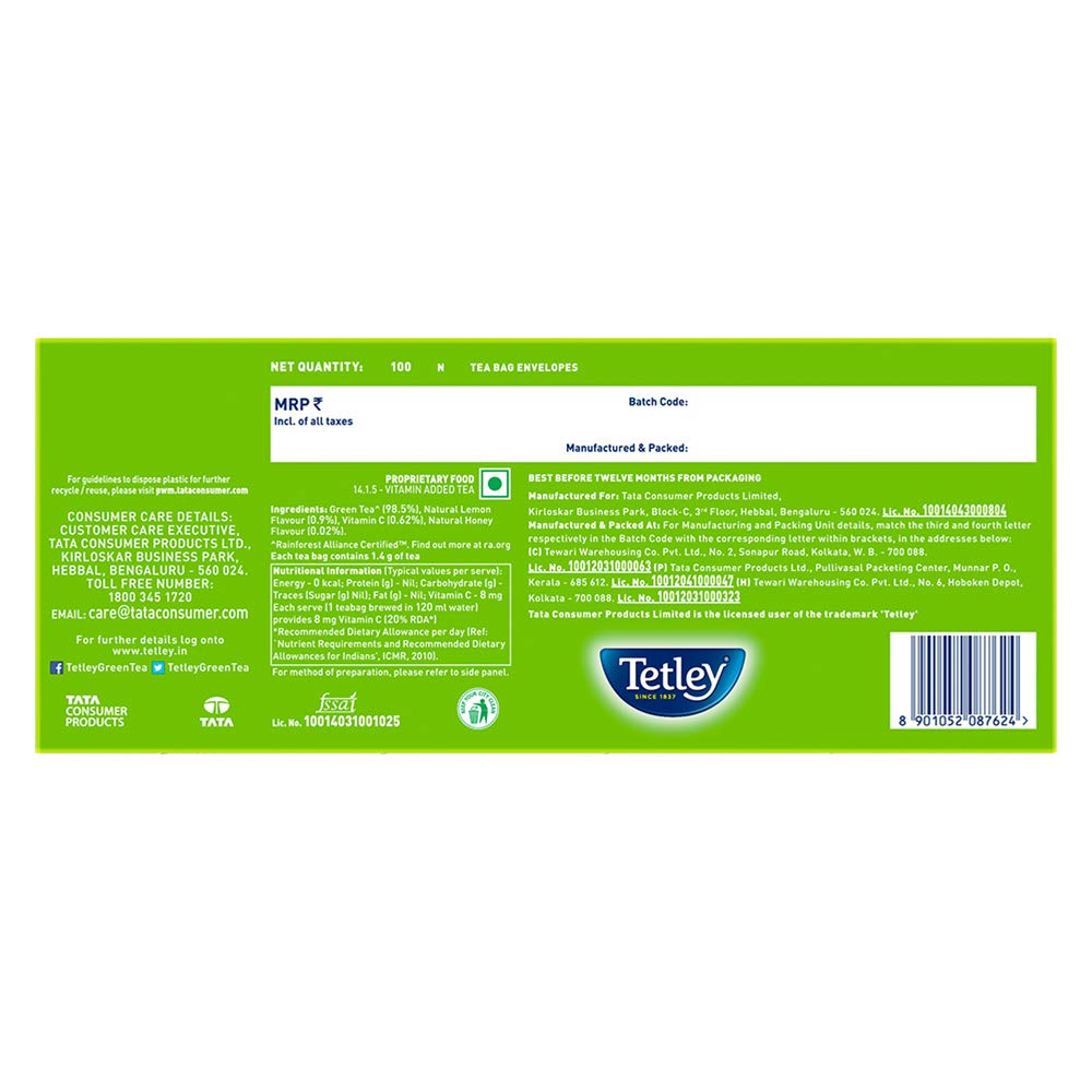 Tetley Green Tea with Lemon and Honey - 100 Tea Bags | Antioxidant Rich, Natural Flavor | Perfect for Relaxation, Morning Boost & Afternoon Pick-Me-Up