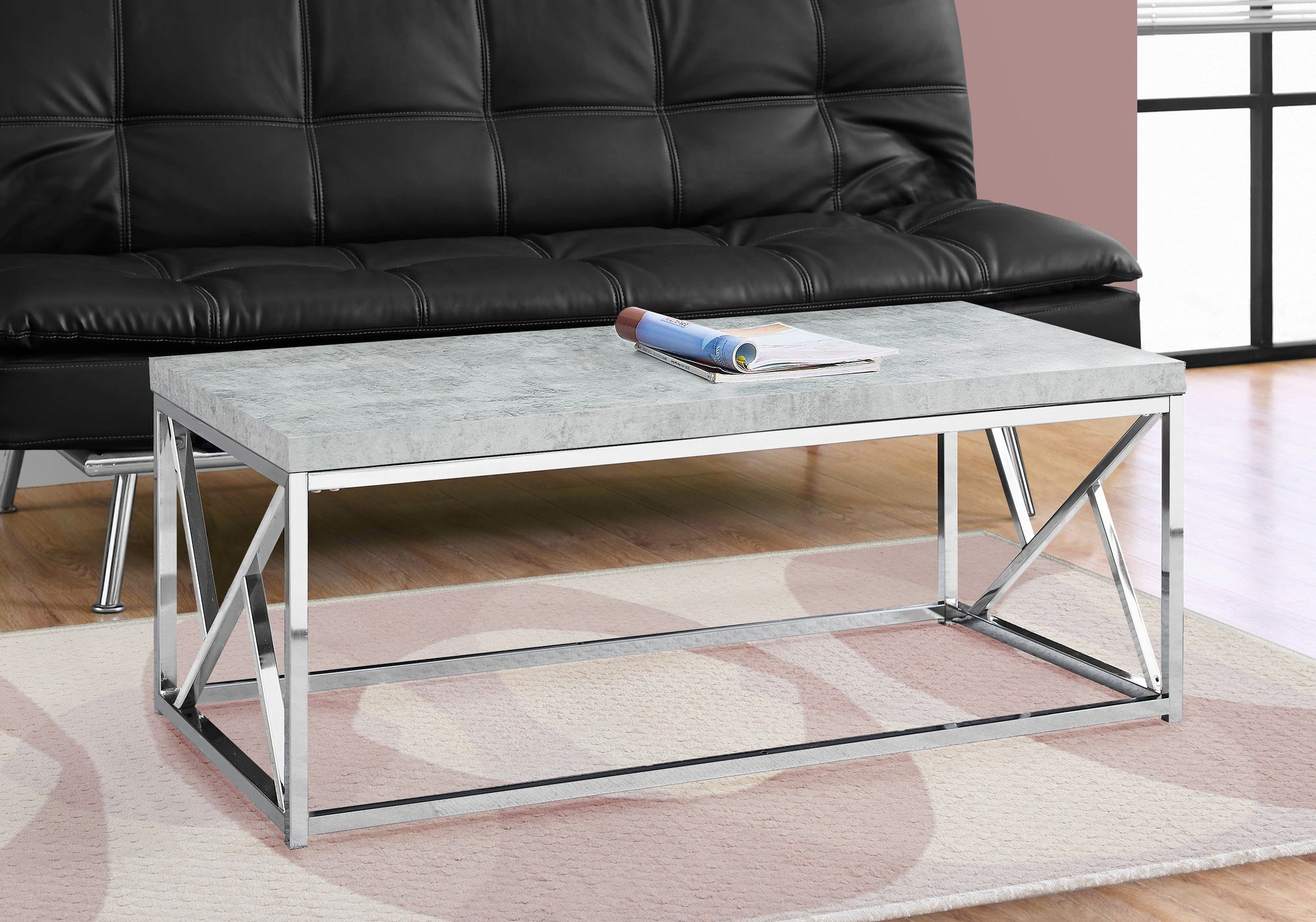 Modern Grey Cement Coffee Table with Chrome Metal Legs - Perfect for Living Room, Lounge, and Office Spaces