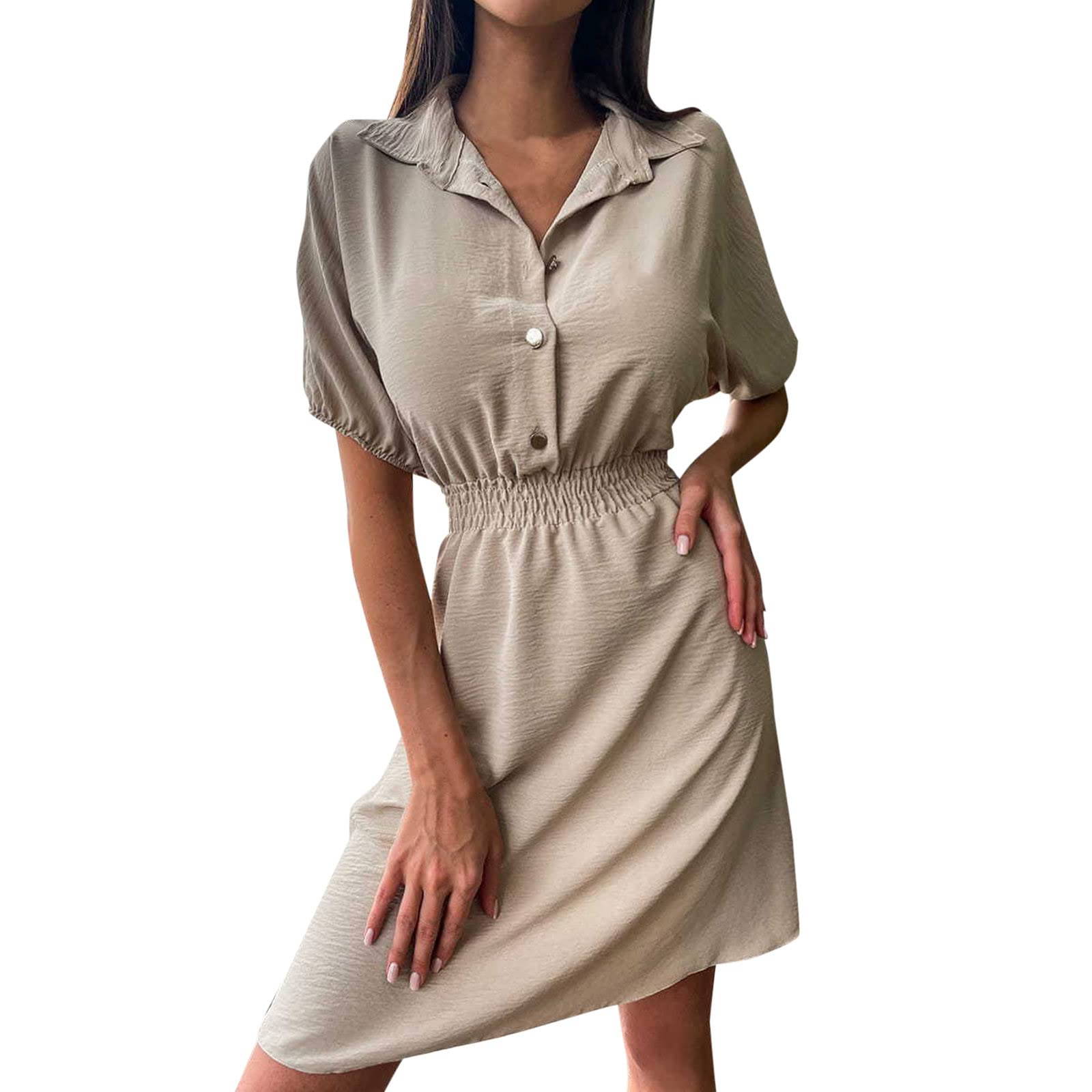 Women's Summer Short Sleeve Stand Collar Button Down Dress - Casual Office Wear & Beach Vacation Outfit