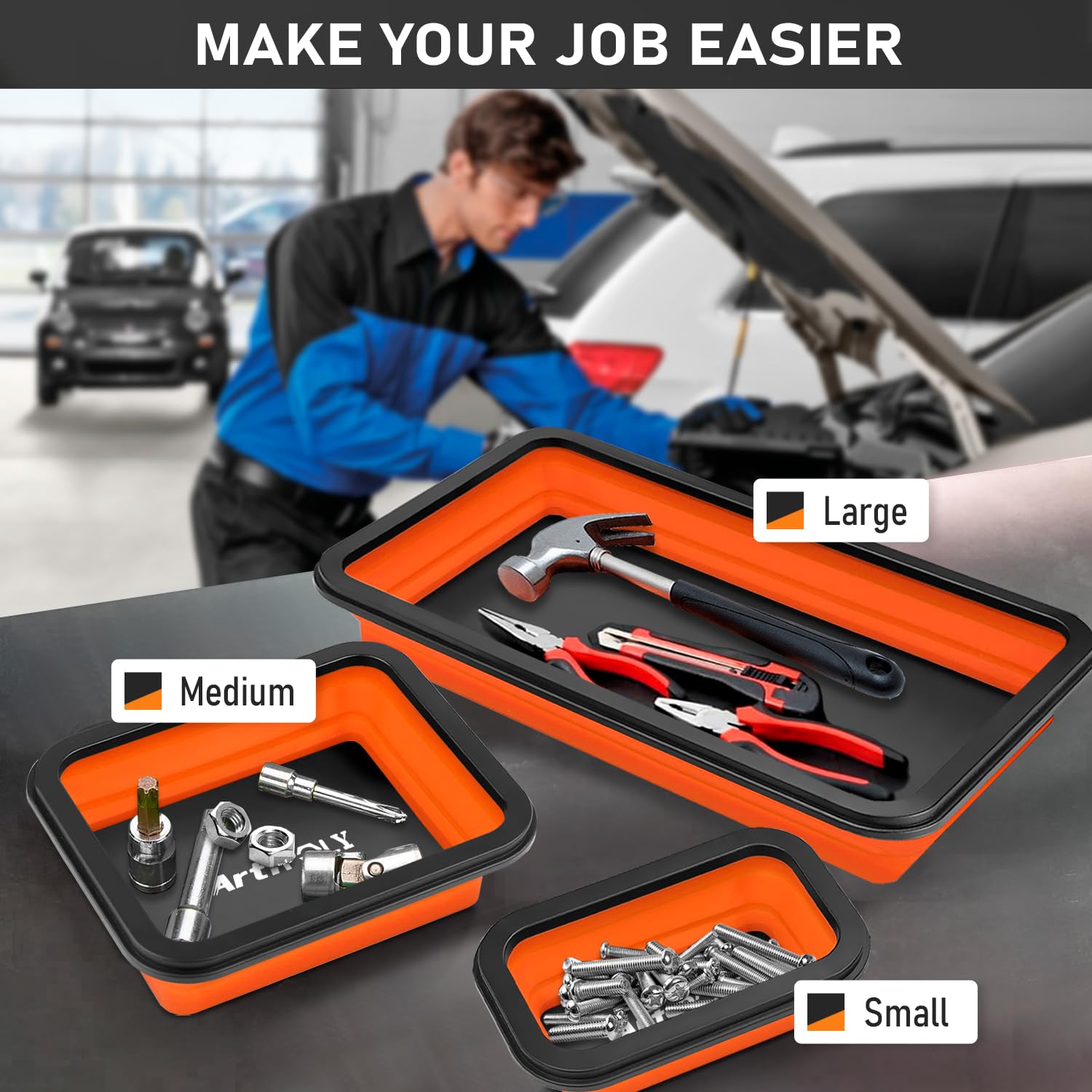 Collapsible Magnetic Parts Tray Set - 3 Sizes Foldable Silicone Tool Trays for Bolts, Screws, Nuts & Small Metal Parts | Durable Mechanic Organizer for DIY, Auto Repair & Workshop Organization | Perfect for Garage, Home Improvement & Professional Use