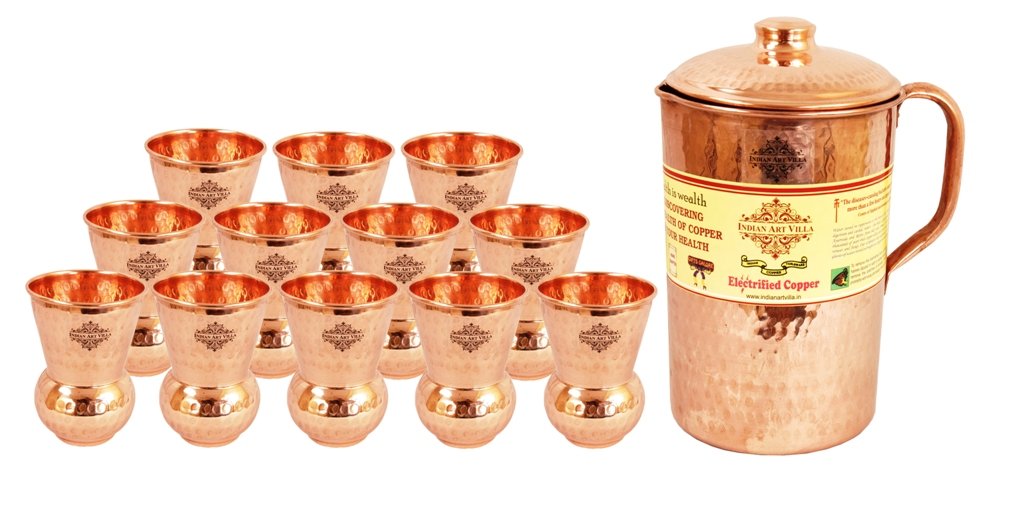 Handmade Pure Copper Hammered Pitcher Jug 71oz with 12 Glass Tumbler Cups - Traditional Indian Art Villa Water Set for Home Decor, Kitchen & Entertaining