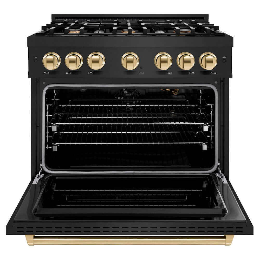 ZLINE Autograph Edition 36 Inch 5.2 Cu Ft Classic Gas Range with 6 Burner Cooktop & Convection Gas Oven - Black Stainless Steel with Polished Gold Accents (CGRBZ 36 G) | Professional Kitchen Appliance for Home Chefs & Cooking Enthusiasts