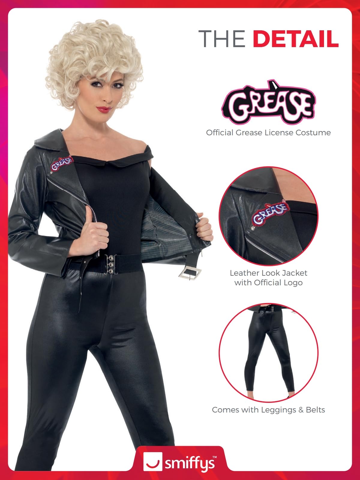 Smiffys Grease Sandy Final Scene Costume for Adults - Black Leather-Look Jacket, Top, Leggings & Belt Set with Official Logo | Officially Licensed 1950s Outfit for Halloween, Cosplay & Group Fancy Dress Parties