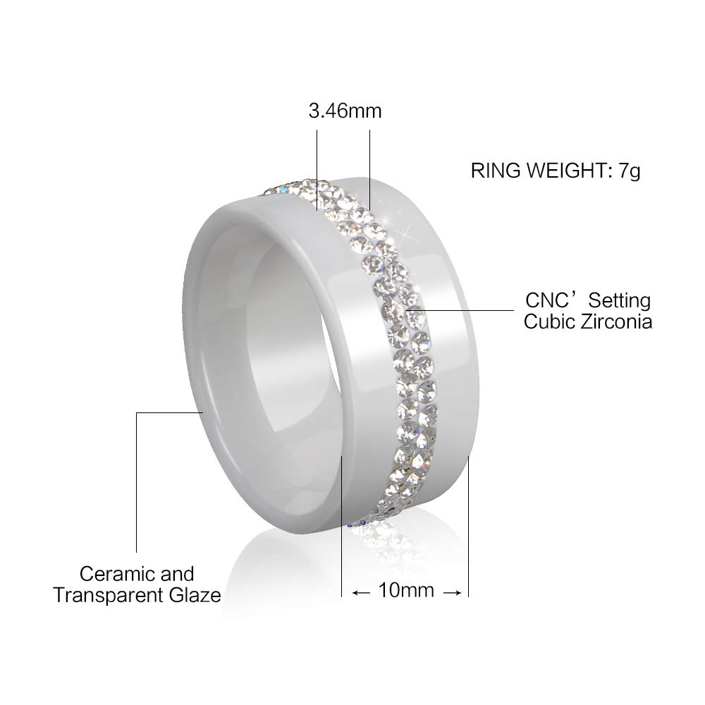 10MM Wide Two Row Crystal Women's Rings - Smooth Black & White Ceramic Wedding Bands, Fashion Jewelry for Brides, Engagement, Anniversary & Everyday Wear