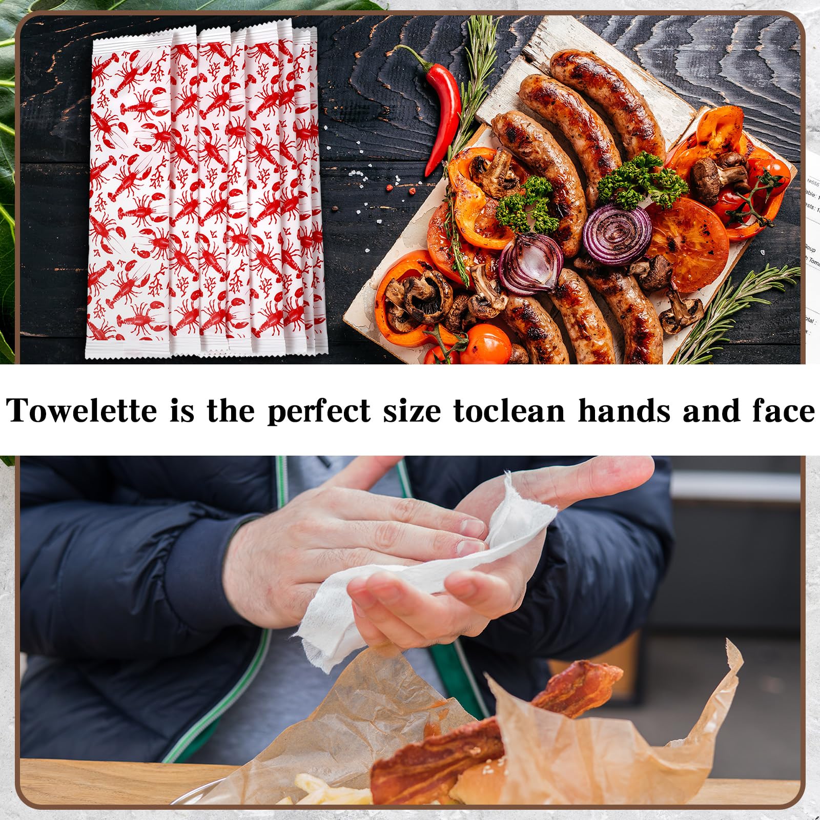 250 Pcs BBQ Wet Wipes - Individually Wrapped Pre-Moistened Grill Cleaning Wipes for Hands & Surfaces | Perfect for BBQs, Catering, Restaurants, Weddings & Outdoor Cooking (Lobster Design) - Keep Hands Clean While Grilling, Camping & Picnics