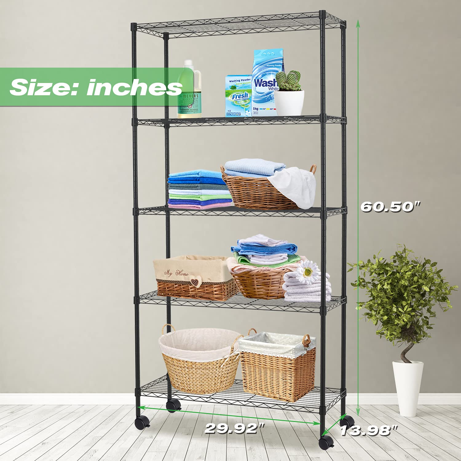 5-Tier Heavy Duty Metal Wire Shelving Unit with Wheels, 60