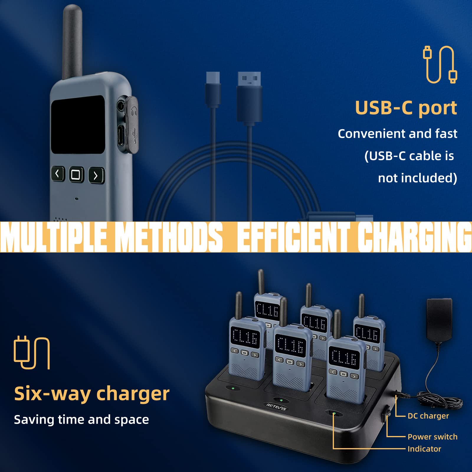 Retevis RB19 Rechargeable Two-Way Radios with LCD Screen - 6 Pack Walkie Talkies for Adults with 1650mAh Battery, Multi-Charger, Hands-Free - Ideal for School, Church, Healthcare, Bank & Business Communication
