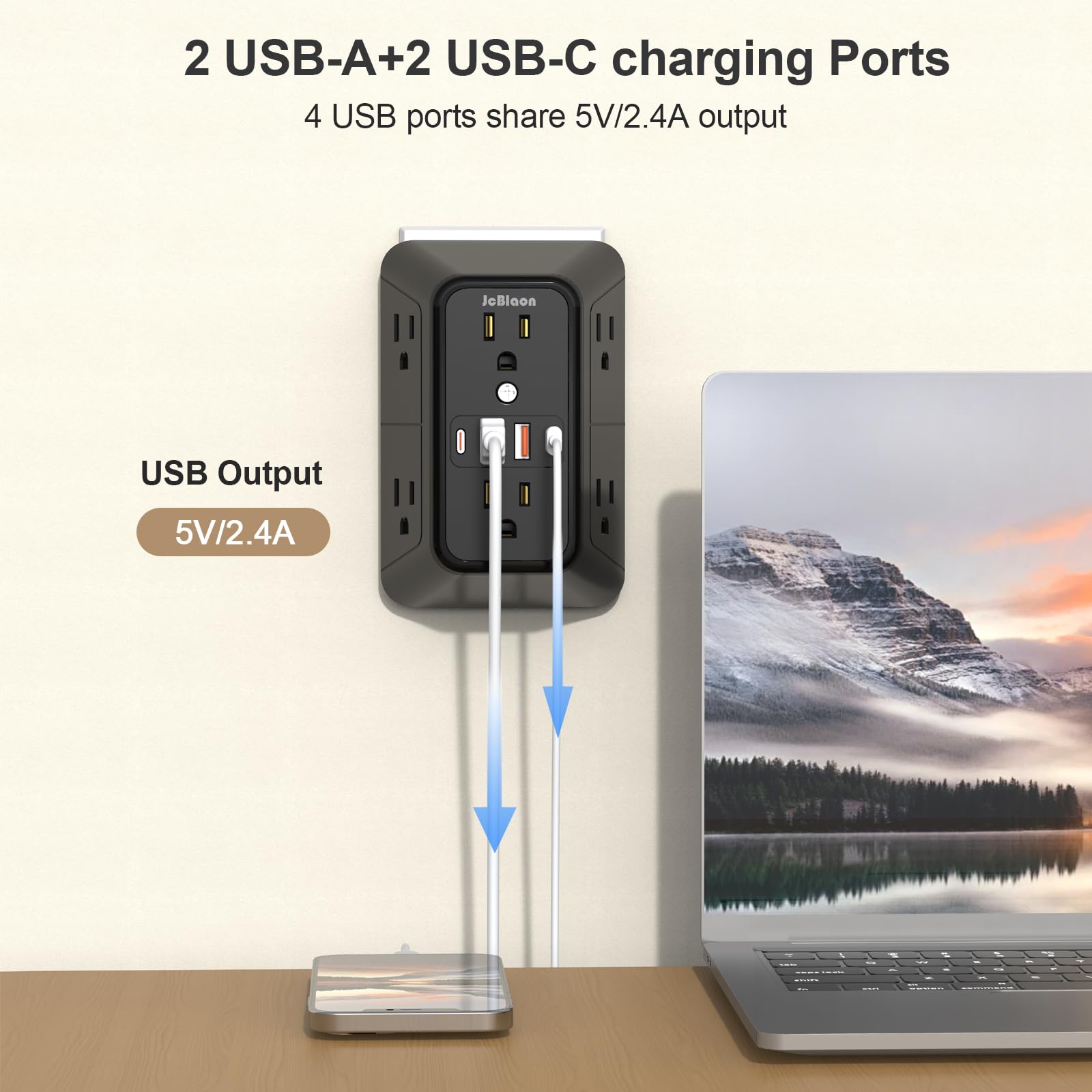 6-Outlet Surge Protector with 4 USB Ports (2 USB-C) - Multi Plug Power Strip, 3-Sided Wall Adapter for Home, Office, Kitchen & Travel - Black | Perfect for Charging Multiple Devices Simultaneously