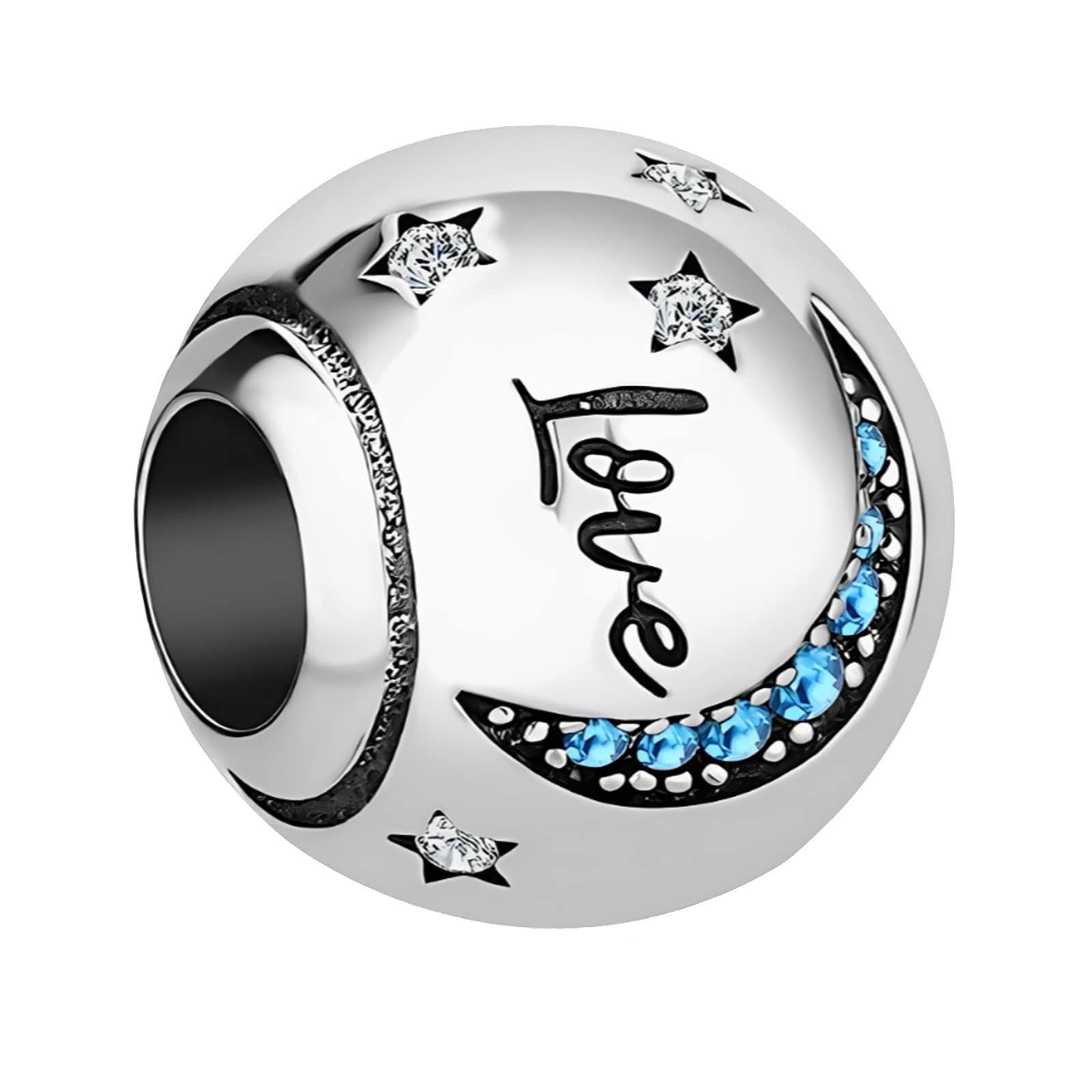 Blue Crystal Love Moon and Star Bead Charms for Pandora Bracelets | KunBead Jewelry | Birthday Gifts for Women | Perfect for Valentine's Day, Anniversary & Everyday Wear