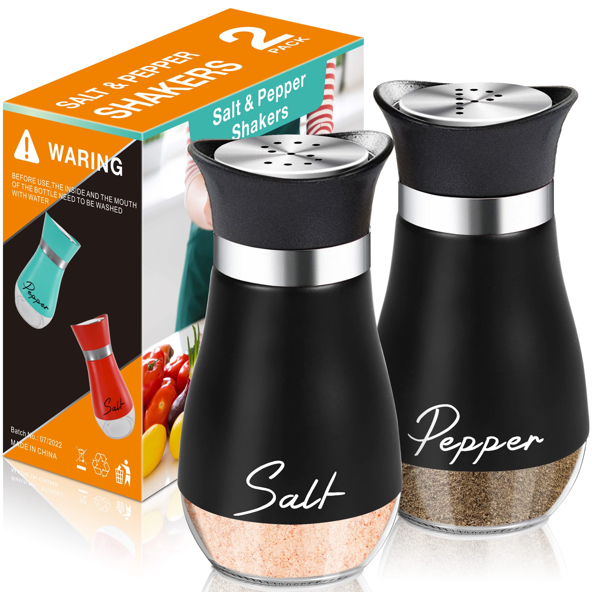 Premium 4 oz Glass Salt and Pepper Shakers Set with Stainless Steel Lid - Refillable Kitchen Essentials for Cooking, Dining Table, RV Camping & BBQ - Black