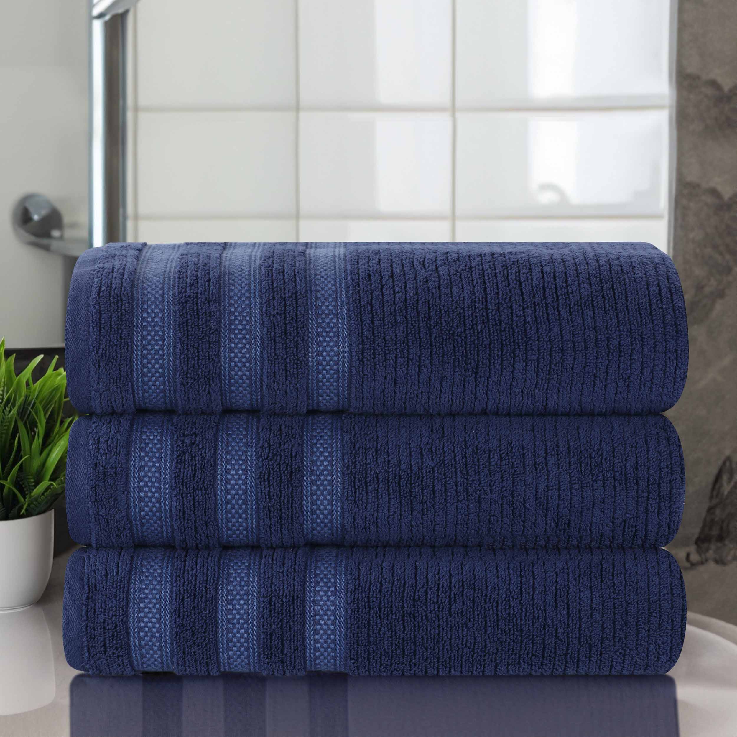 Soft Zero Twist Cotton Ribbed Geometric Border Plush Bath Towel Set of 3 - Ultra Absorbent & Quick Dry for Spa, Beach, and Luxury Bathroom Use