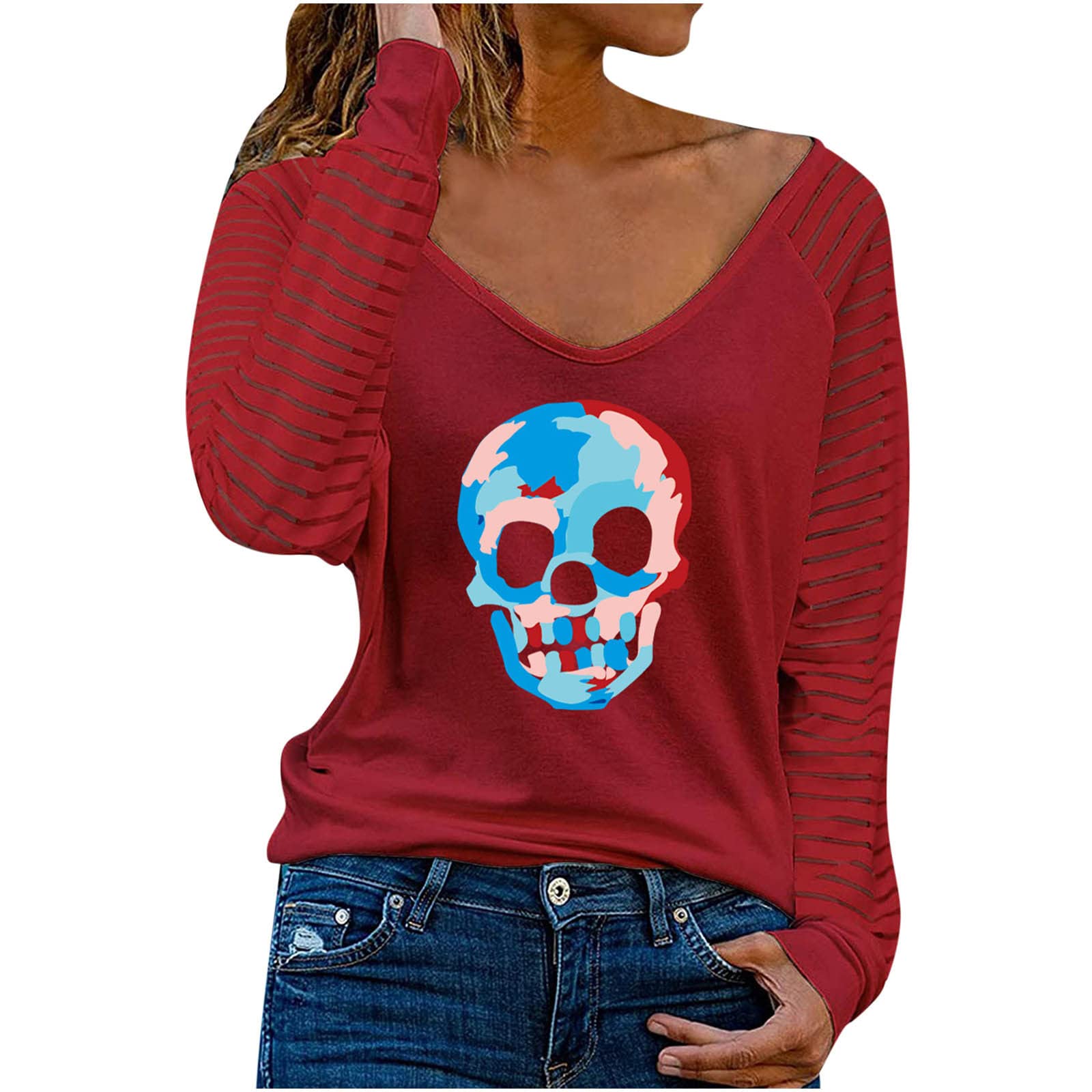 ESCBUKI Women's Funny Skull Printed Mesh Patchwork Long Sleeve Shirt - Loose V-Neck Casual Blouse for Everyday Wear, Parties & Halloween Outfits