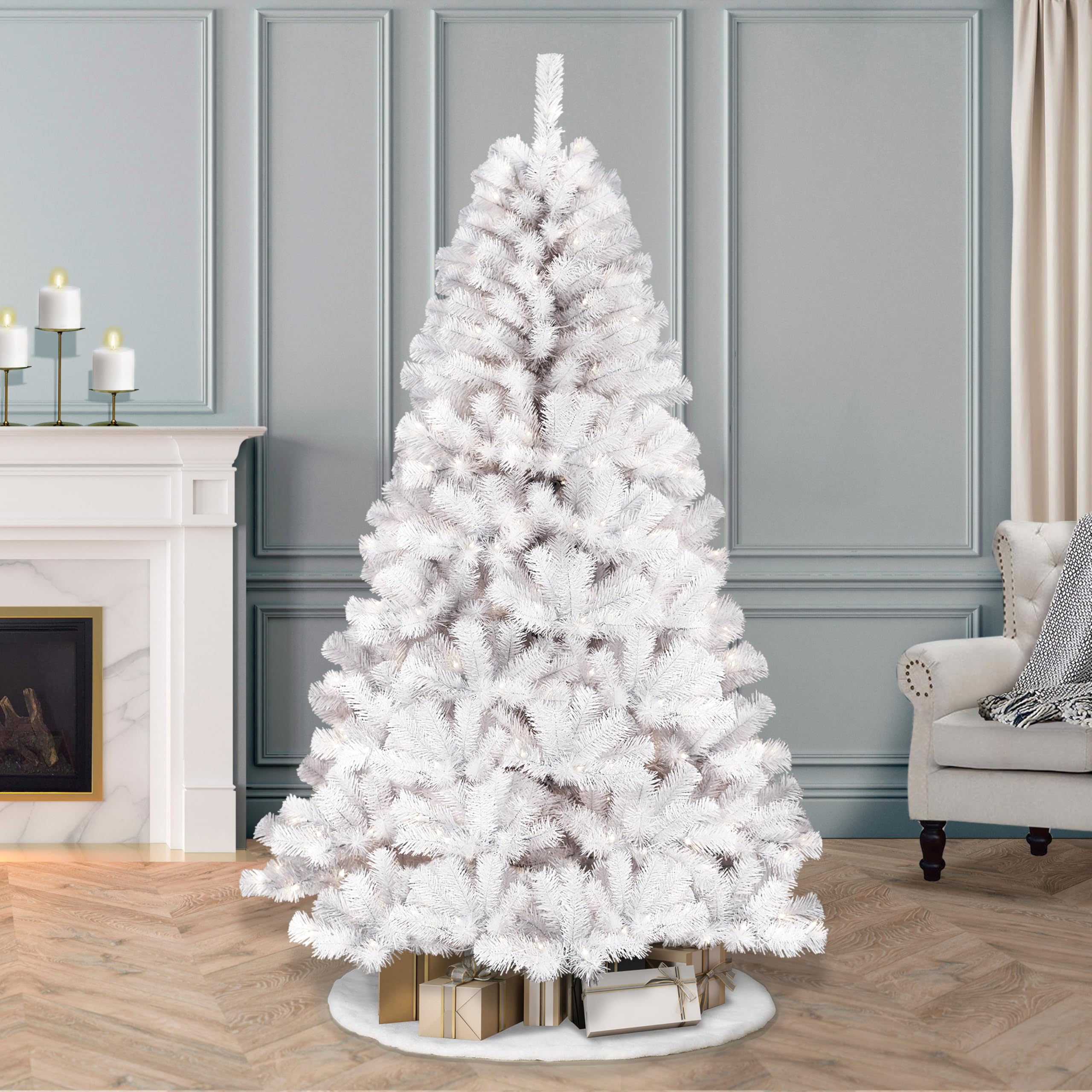 Puleo International 7.5ft Pre-Lit Artificial Christmas Tree - Northern Fir White with 500 UL Certified Clear Lights for Holiday Home Decor & Party Decoration