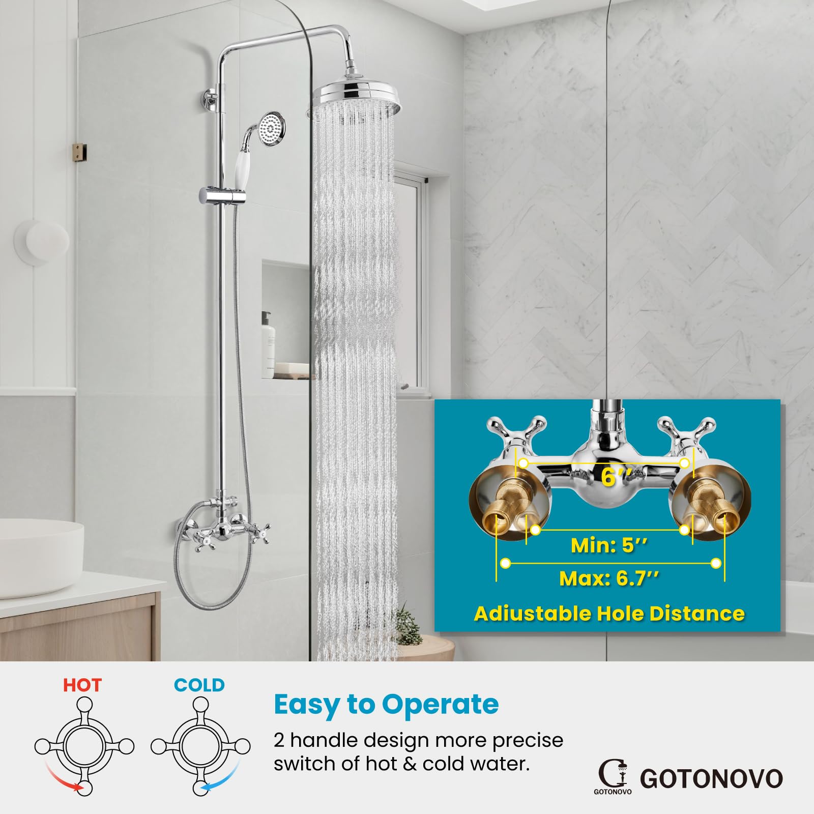 Luxury 8 Inch Wall Mount Rainfall Shower System with Handheld Spray - Polished Chrome Exposed Shower Faucet Set, Adjustable Straight Rod & Cross Double Handle for Modern Bathrooms | Perfect for Spa-Like Experience and Daily Relaxation