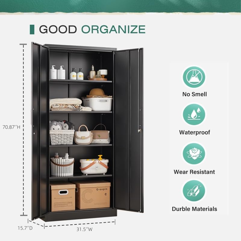 Heavy-Duty Black Metal Storage Cabinet with 2 Lockable Doors & Adjustable Shelves - 71