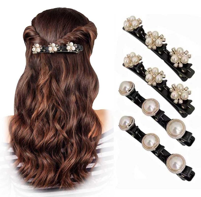 FAMEZA 4PCS Rhinestone Hair Clips Set - Sparkling Crystal Braided Hairpins with 3 Small Clips, Pearl Duckbill Hair Clips for Women & Girls | Perfect for Weddings, Parties, Prom and Daily Hair Styling