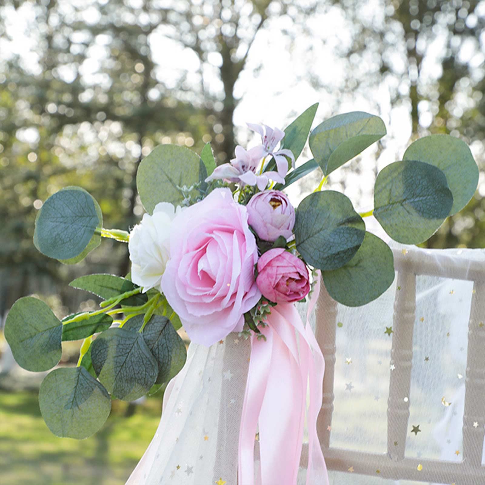 6 Pack Artificial Flower Arrangements for Wedding Chair Back Decor - Handmade Silk Bridal Bouquets with Eucalyptus Ribbons - Perfect for Wedding Aisle, Ceremony, Reception & Party Decorations