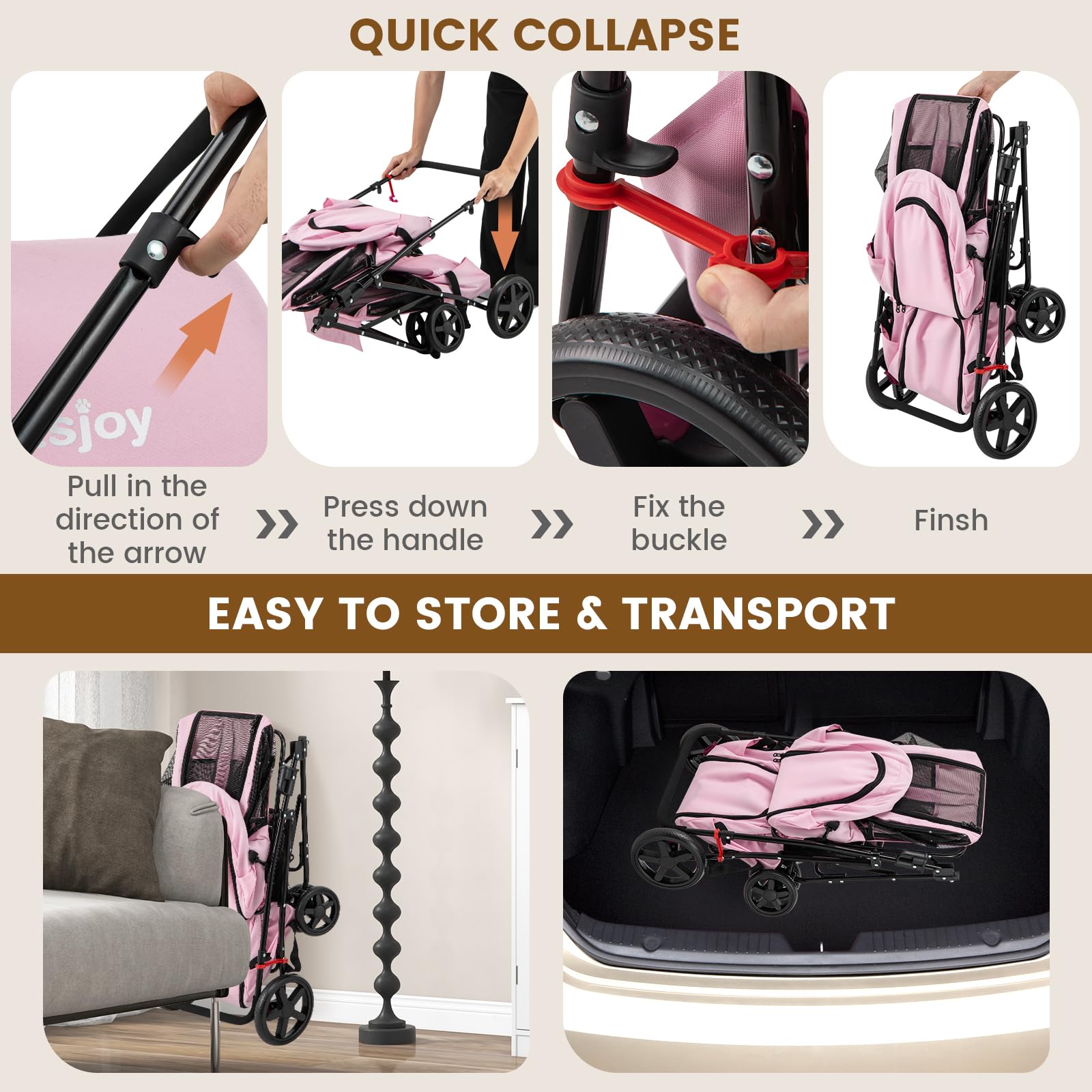 PETSITE Double Dog Stroller - Foldable Pet Carrier for 2 Small/Medium Dogs & Cats with Detachable Wheels - Jogger Stroller Crate for Car Seat, Walking, Camping & Travel - Ideal for Park Visits, Vet Trips & Outdoor Adventures (Pink)