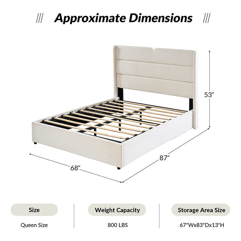 Rudolph Lift Up Storage Upholstered Platform Bed Frame with Hydraulic System - Queen Size Bed with Underbed Storage for Small Spaces, Bedroom Furniture for Modern Homes
