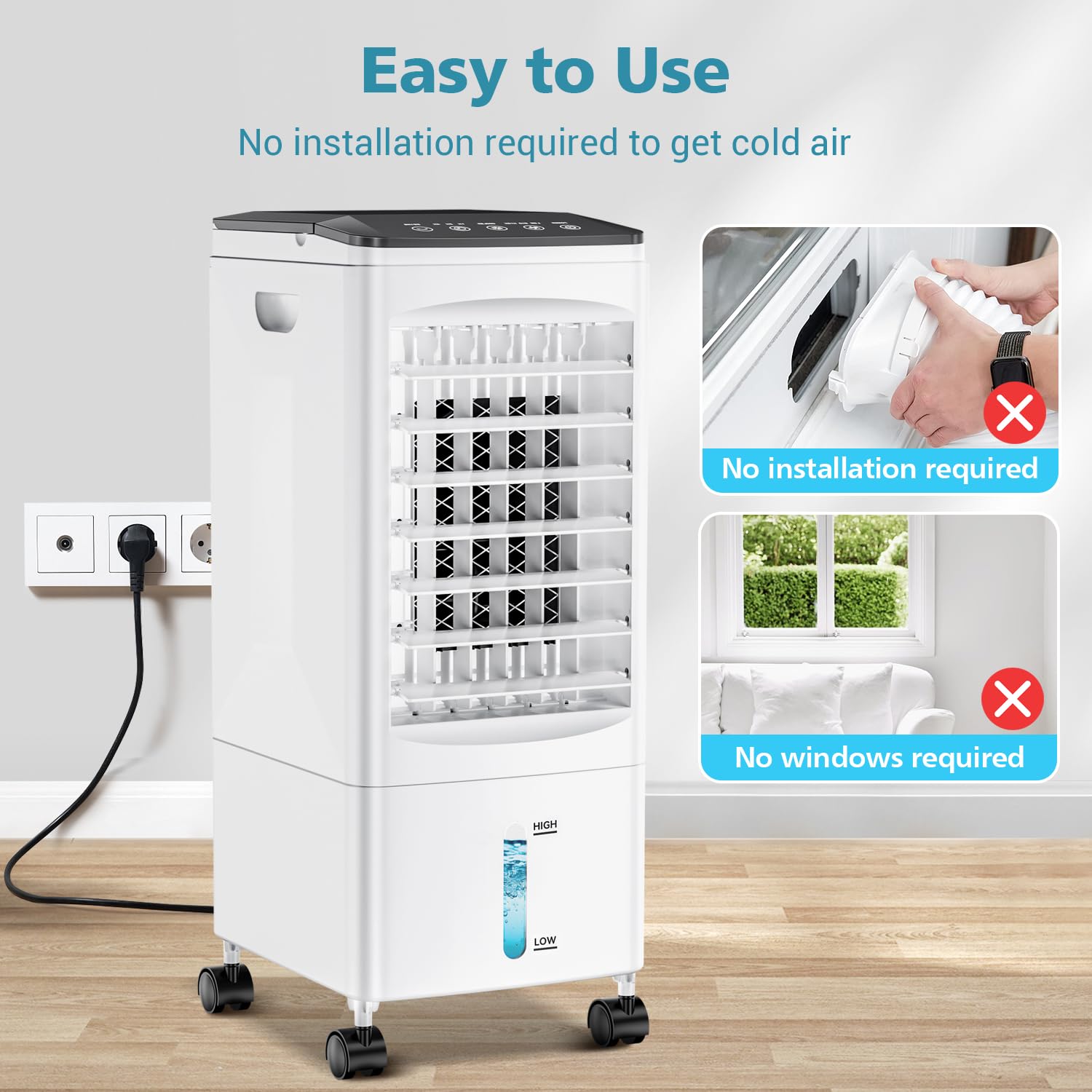 Portable Air Conditioner 3-in-1 Evaporative Air Cooler with Remote Control - 3 Speed Settings, 60° Oscillation, 1-7H Timer, 60W Energy Saving (Energy Class A++) - Perfect for Home, Office, Dorm & Small Spaces Cooling