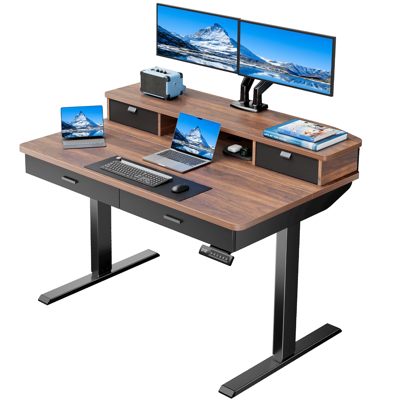 HUANUO 48 x 30 Inch Electric Standing Desk with 4 Drawers - Adjustable Height Sit Stand Home Office Desk with Two Tiers & Monitor Stand - Ergonomic Walnut Computer Workstation for Home & Office Use