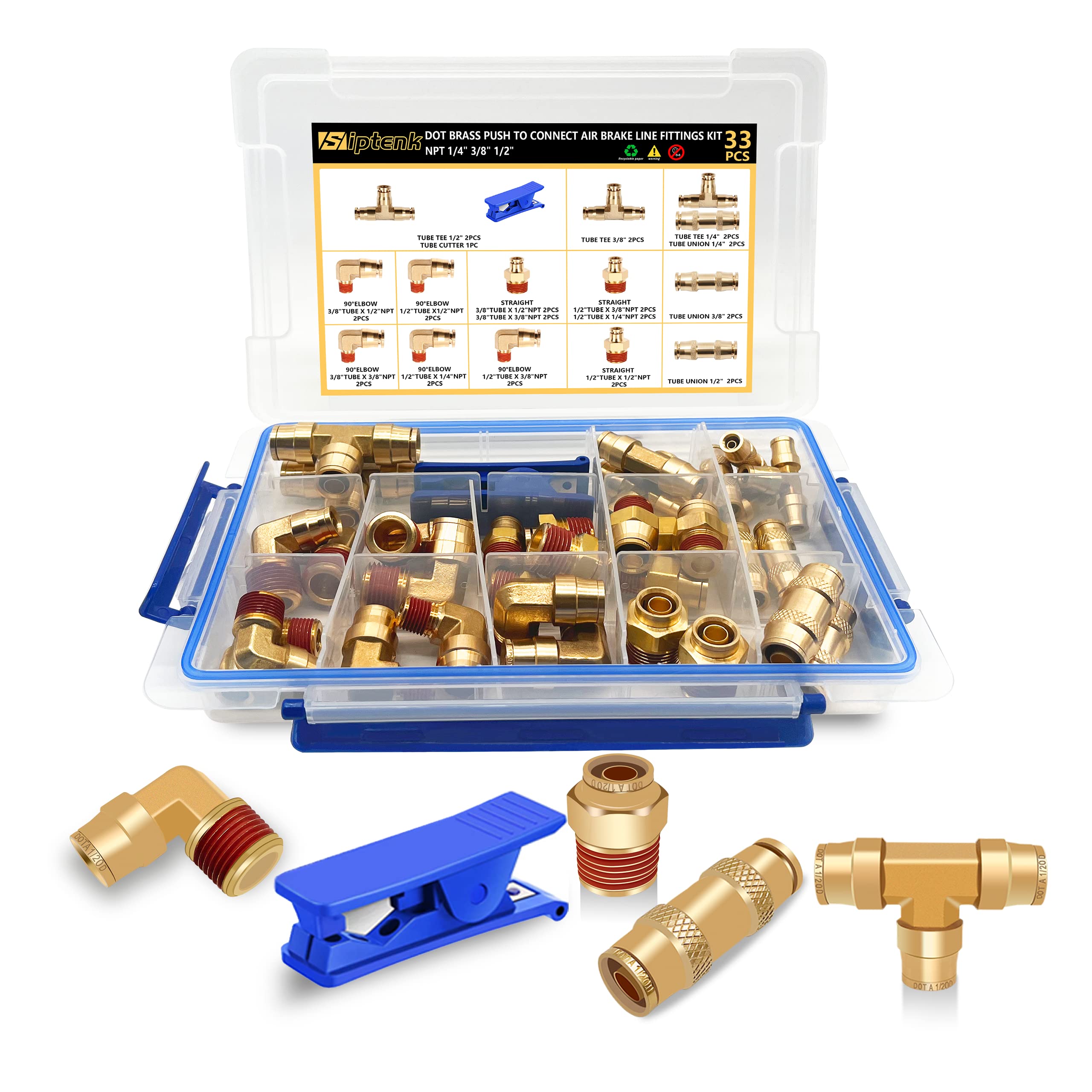 Siptenk 33PCS Brass DOT Air Fittings Kit - 1/4