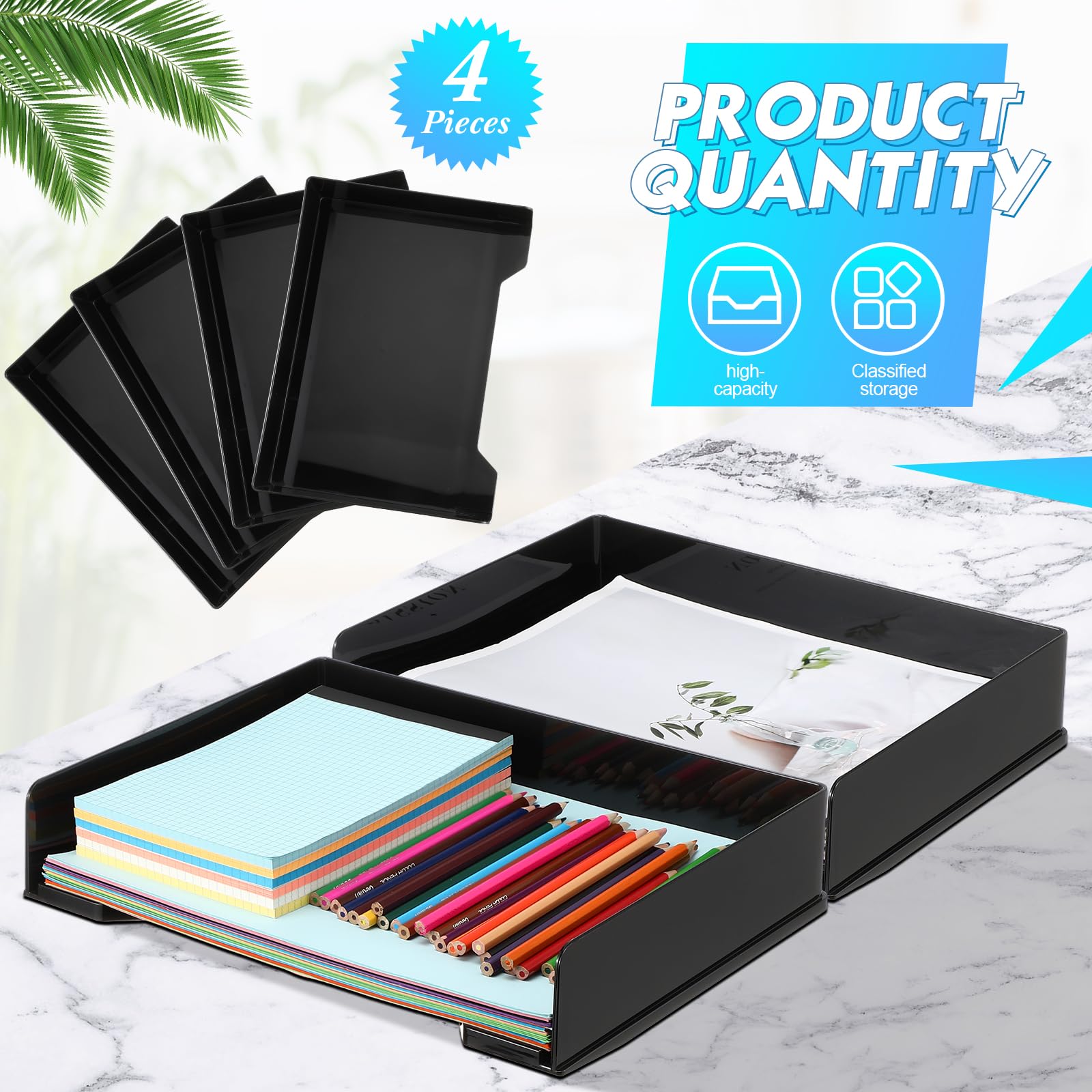 4-Piece Stackable Plastic Letter Tray Set - 13 x 9.5 x 2.6 Inch Rectangular Desk Organizer | Black File Holder for Office Documents, Mail & Paperwork | Perfect for Home Office, School Desk & Workplace Organization