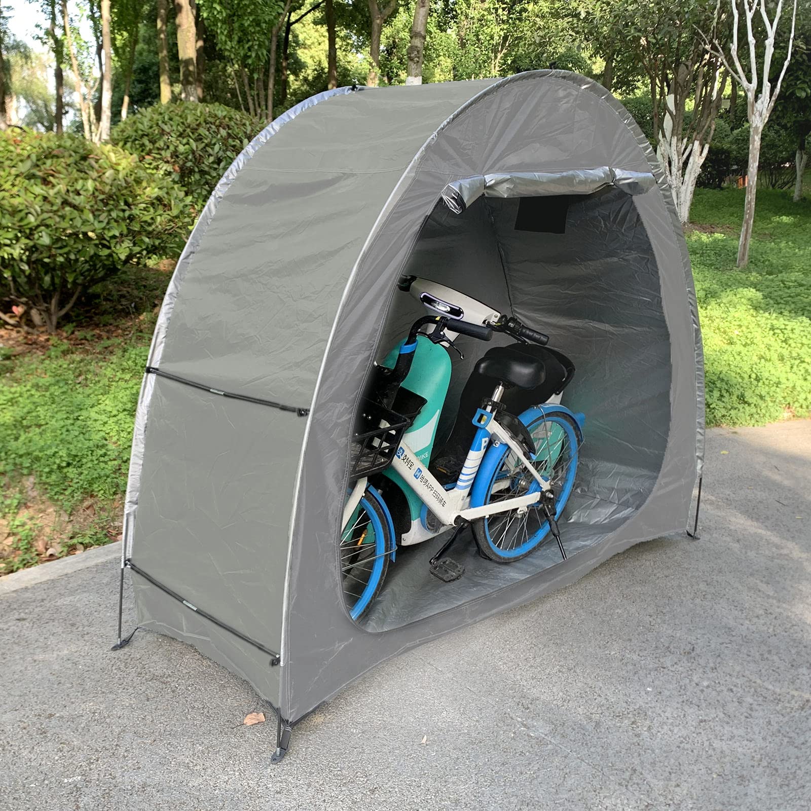 Waterproof Bike Storage Tent Cover - Portable Outdoor Bicycle Shelter with Snowflake Tool & Lock for 2 Bikes/Tricycle/Gardening Tools (Silver Gray) - Perfect for Garage, Backyard & Camping Protection
