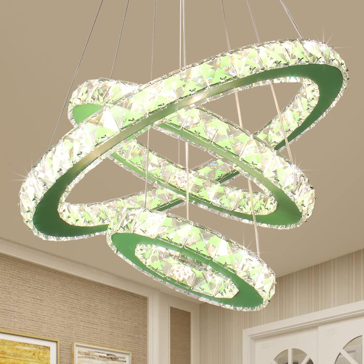 Dimmable Modern LED Crystal Chandelier 3-Tier Pendant Light with Adjustable Height - Elegant Ceiling Fixture for Dining Room, Bedroom & Living Room (Emerald Green) | Perfect for Home Decor, Wedding Centerpiece & Luxury Interior Lighting