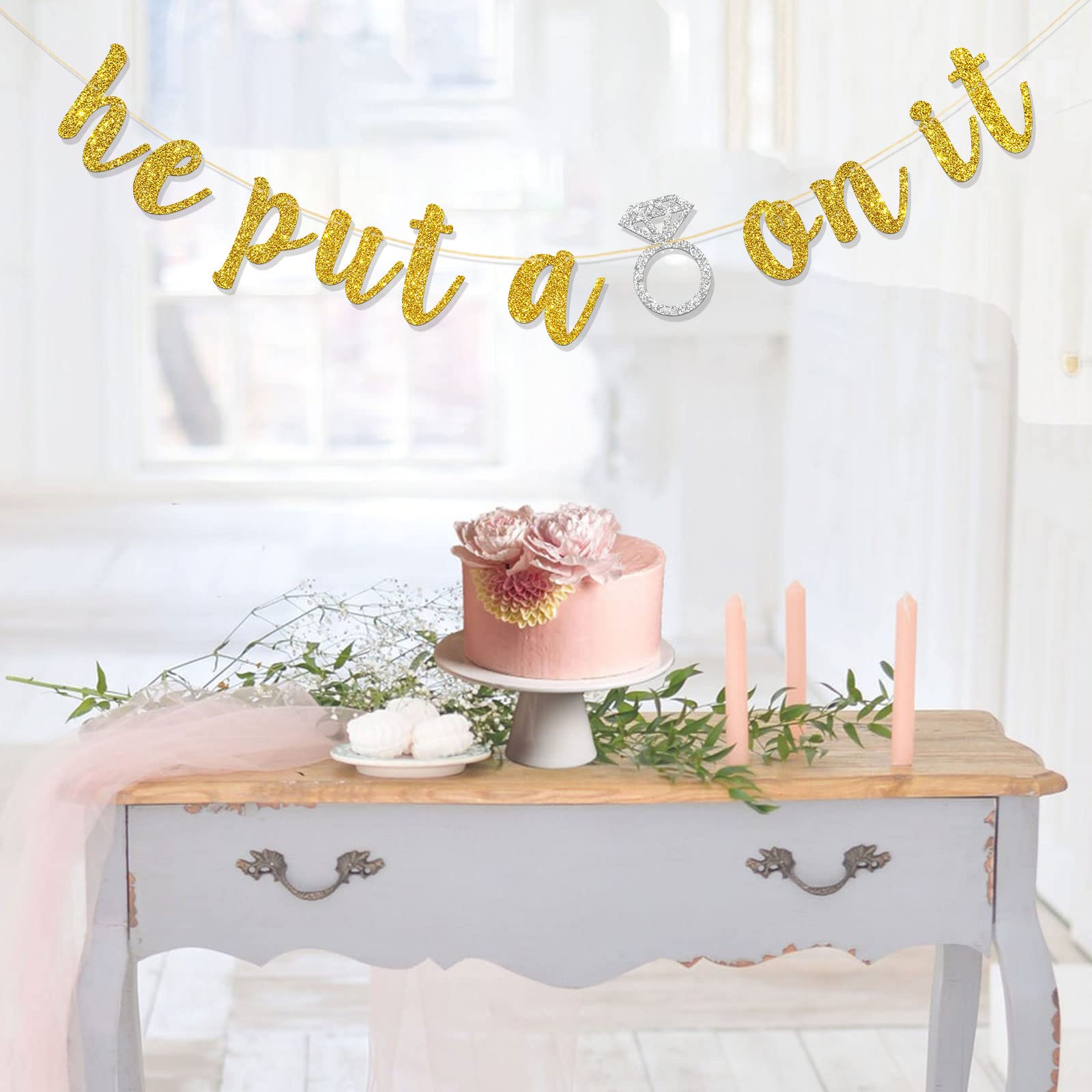 Gold Glitter 'He Put a Ring on It' Banner - Engagement Party Decor, Bachelorette & Bridal Shower Garland - Wedding Celebration Supplies - Perfect for Bridal Showers, Bachelorette Parties & Wedding Receptions
