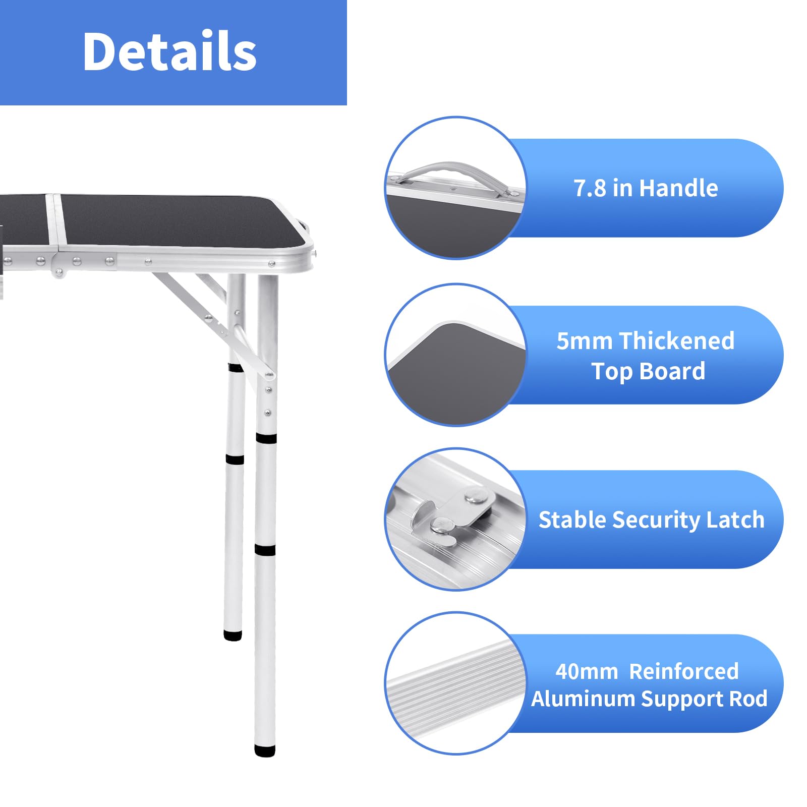 2FT Foldable Camping Table - Portable Picnic Table with 4 Height Adjustments, Small Folding Outdoor Table for Beach, BBQ, Tailgating & Backyard (23.6×15.7 inch, Black Metal Frame) - Perfect for Camping Trips, Picnics, Patio Parties & Outdoor Dining