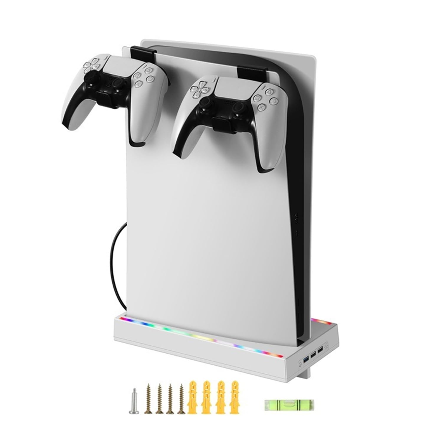 Scosao PS5 Wall Mount Bracket for PS5 Disc & Digital Edition - Steel Stand with RGB LED Lights & 2 Removable Controller Holders - Perfect for Gaming Room & Living Room Setup
