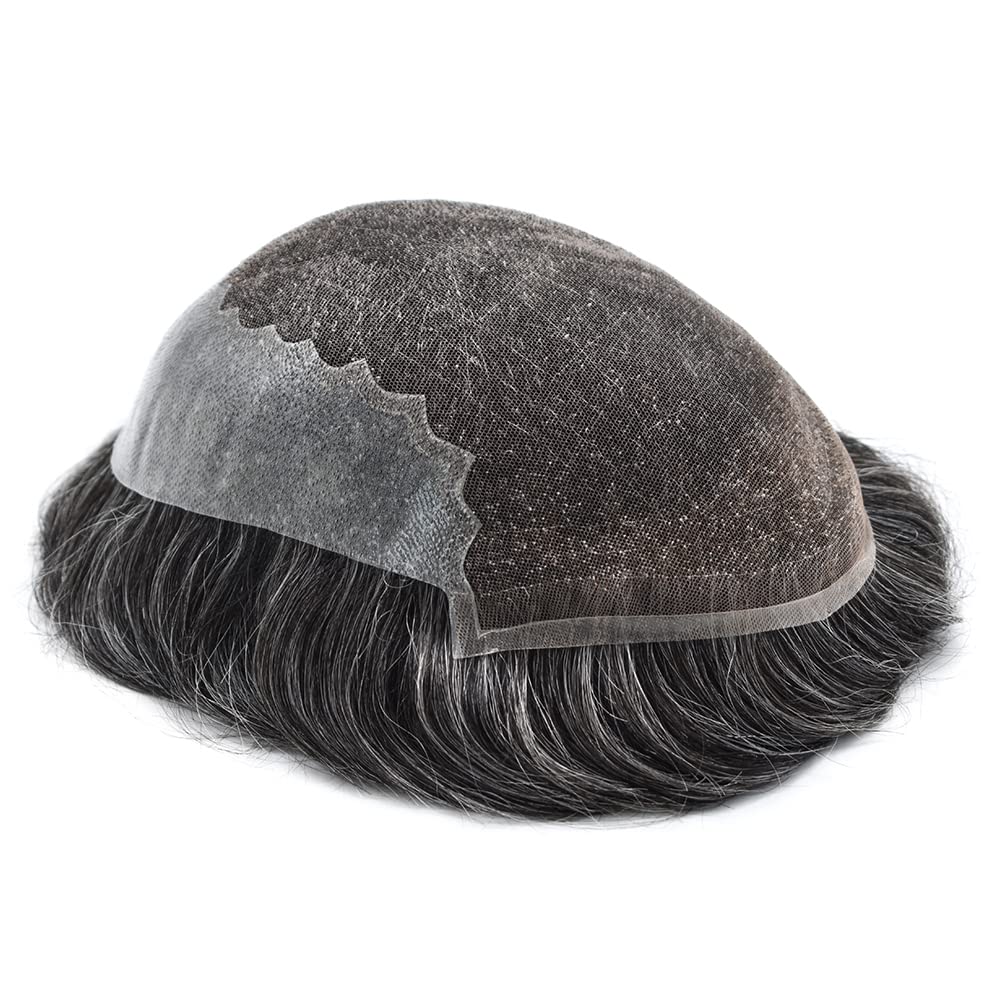 100% European Real Human Hair Toupee for Men - Swiss Lace Front Hair System with Bleached Knots | Dark Brown + 50% Gray | 8x10 Inch | 100% Density | Hair Replacement Solution for Thinning Hair & Baldness | Perfect for Daily Wear, Special Occasions & Professional Settings
