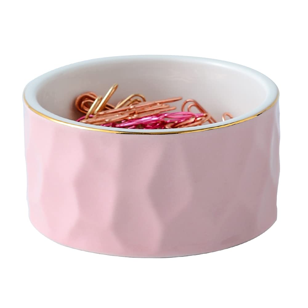Ceramic Paper Clip Holder - Round Desk Organizer for Binder Clips & Office Supplies, Cute Gold Line Design (Pink) - Perfect for Home Office, School & Workspace Organization
