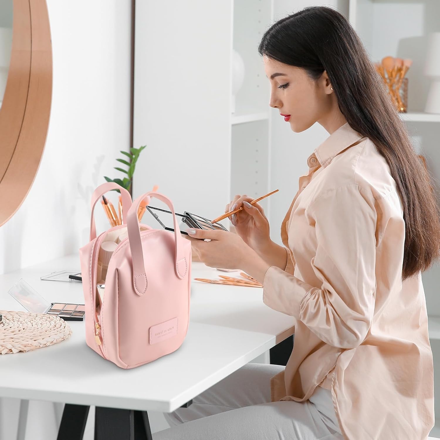 Brikipth Large Waterproof PU Leather Makeup Bag for Women - Cute Travel Cosmetic Organizer with Divider & Handle, Pink | Perfect for Travel, Gym, Daily Use & Gift Giving